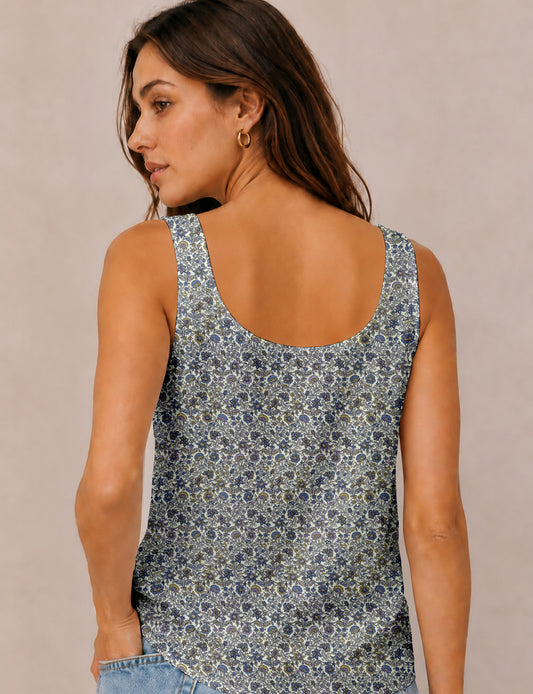 Women's sleeveless blouse with a relaxed straight fit, wide scoop neckline, deep scoop back, and hip-length silhouette.