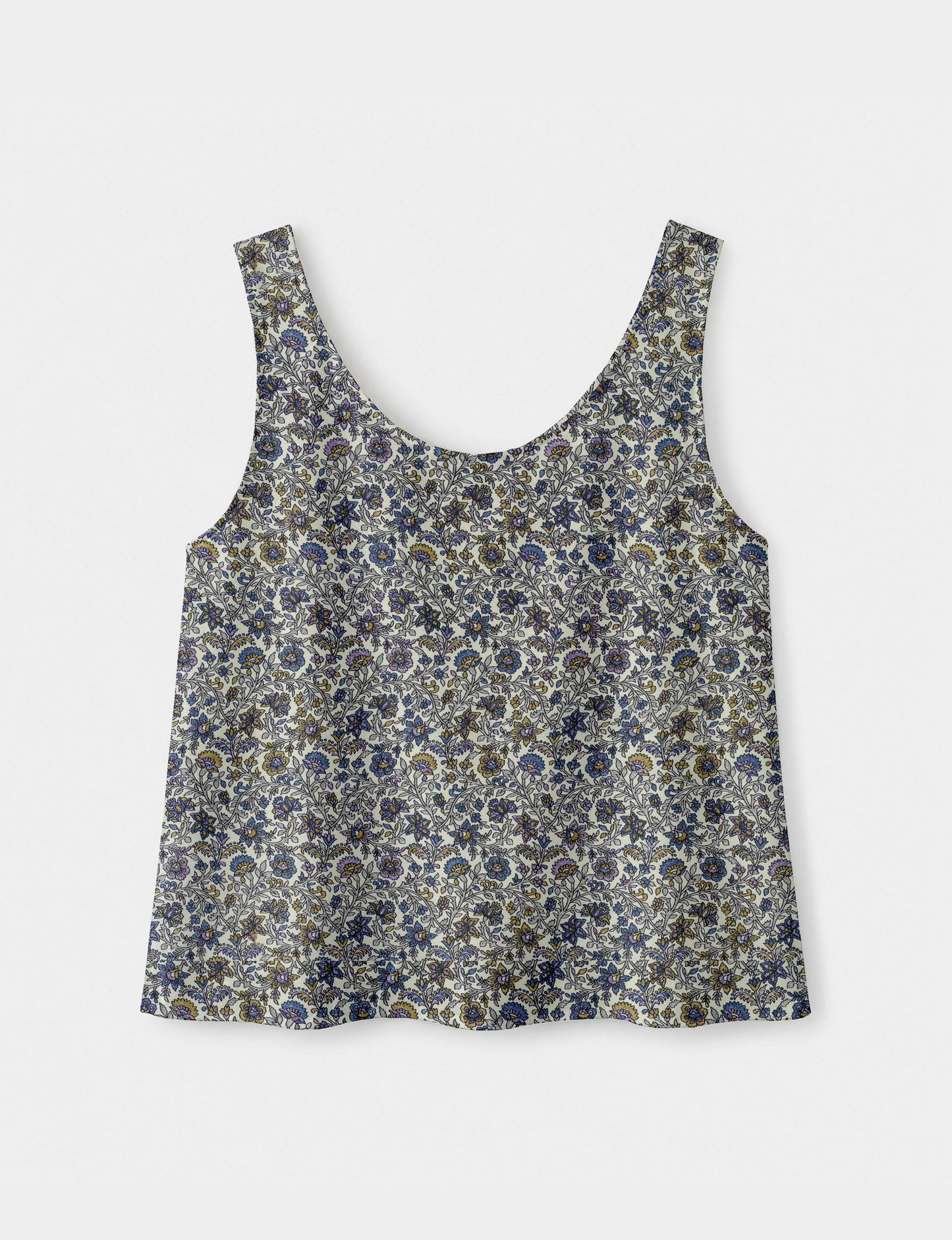 Women's sleeveless blouse with a relaxed straight fit, wide scoop neckline, deep scoop back, and hip-length silhouette.