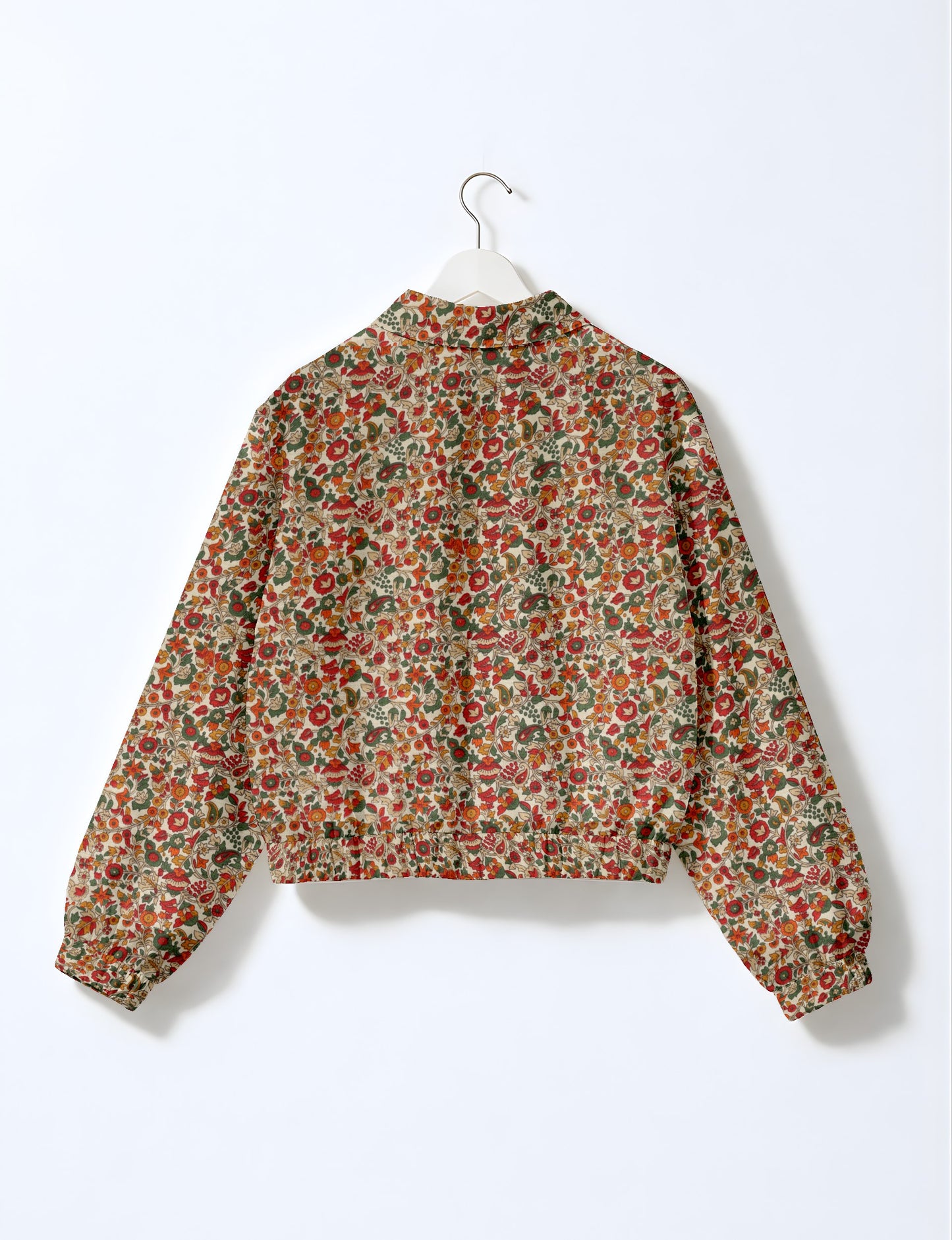 Love Bomber Jacket made from recycled fabric, featuring hand-stitched Aari embroidery. A unique piece of zero-waste clothing, part of the circular fashion movement. Designed with upcycled materials for a stylish yet environmentally friendly clothing choice.