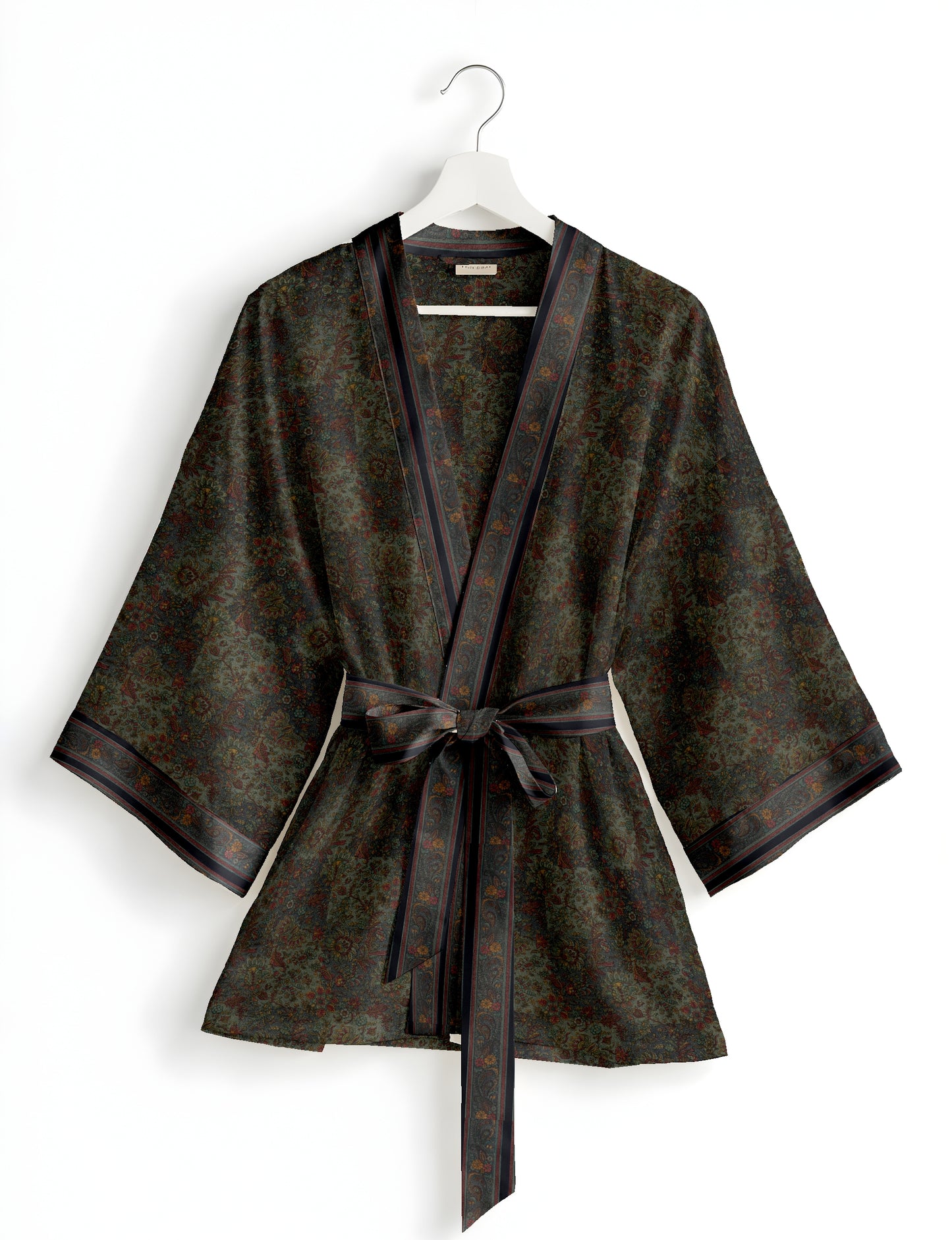 Short kimono robe with wrap front, V-neckline, wide sleeves, waist tie, and concealed skort detail.