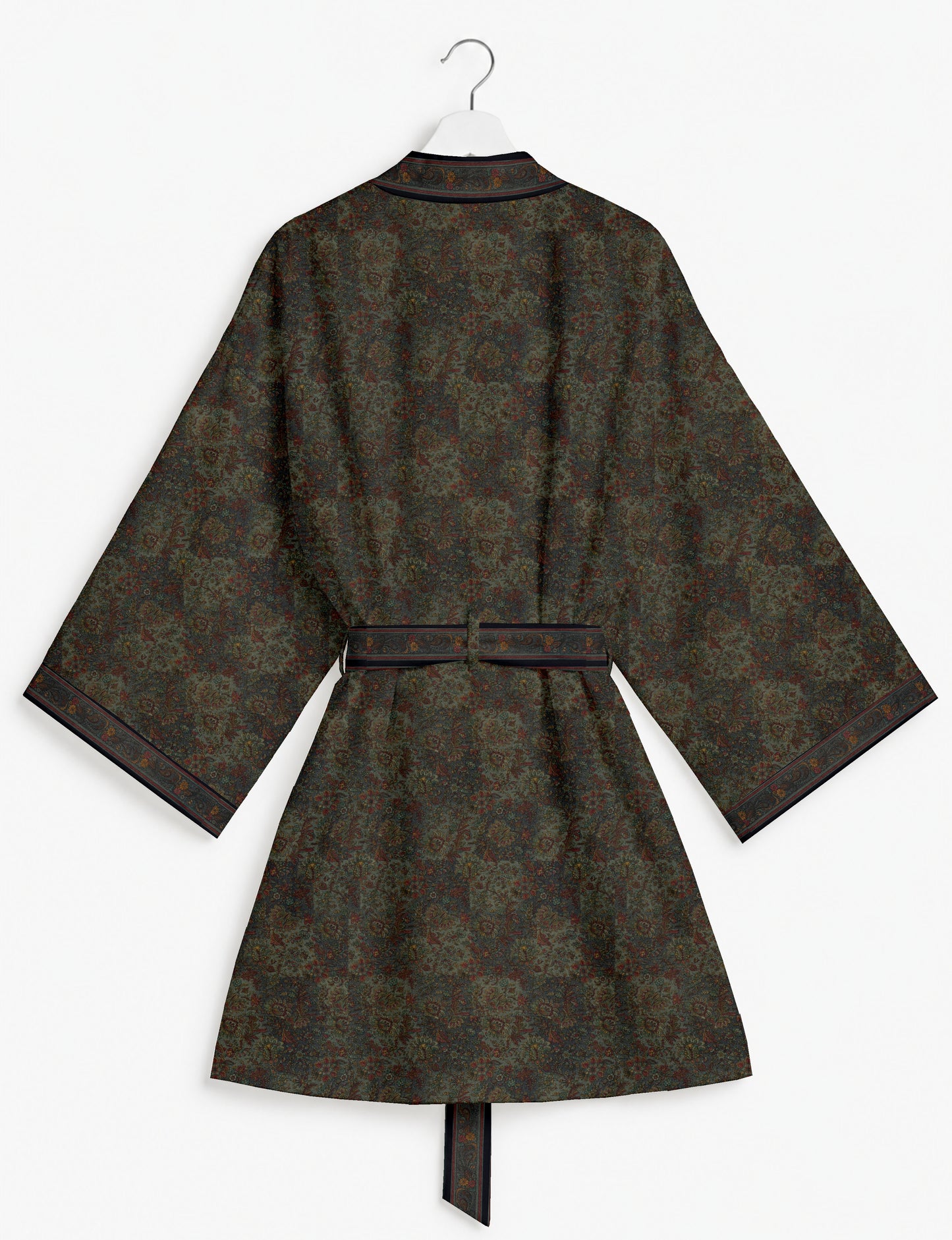 Short kimono robe with wrap front, V-neckline, wide sleeves, waist tie, and concealed skort detail.
