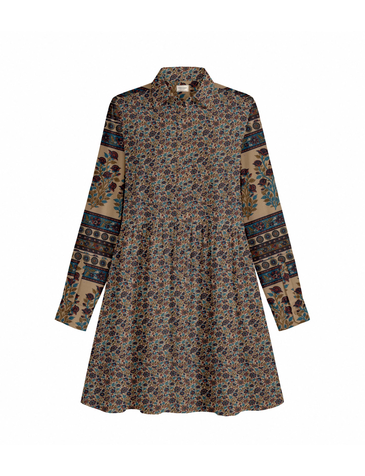 Short shirt dress with a relaxed A-line silhouette, point collar, partial button placket, gathered waist, side pockets, and full-length cuffed sleeves.