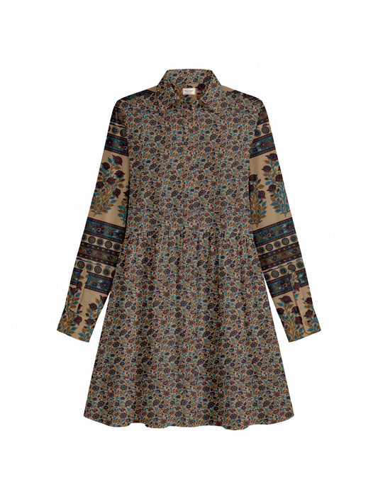 Short shirt dress with a relaxed A-line silhouette, point collar, partial button placket, gathered waist, side pockets, and full-length cuffed sleeves.