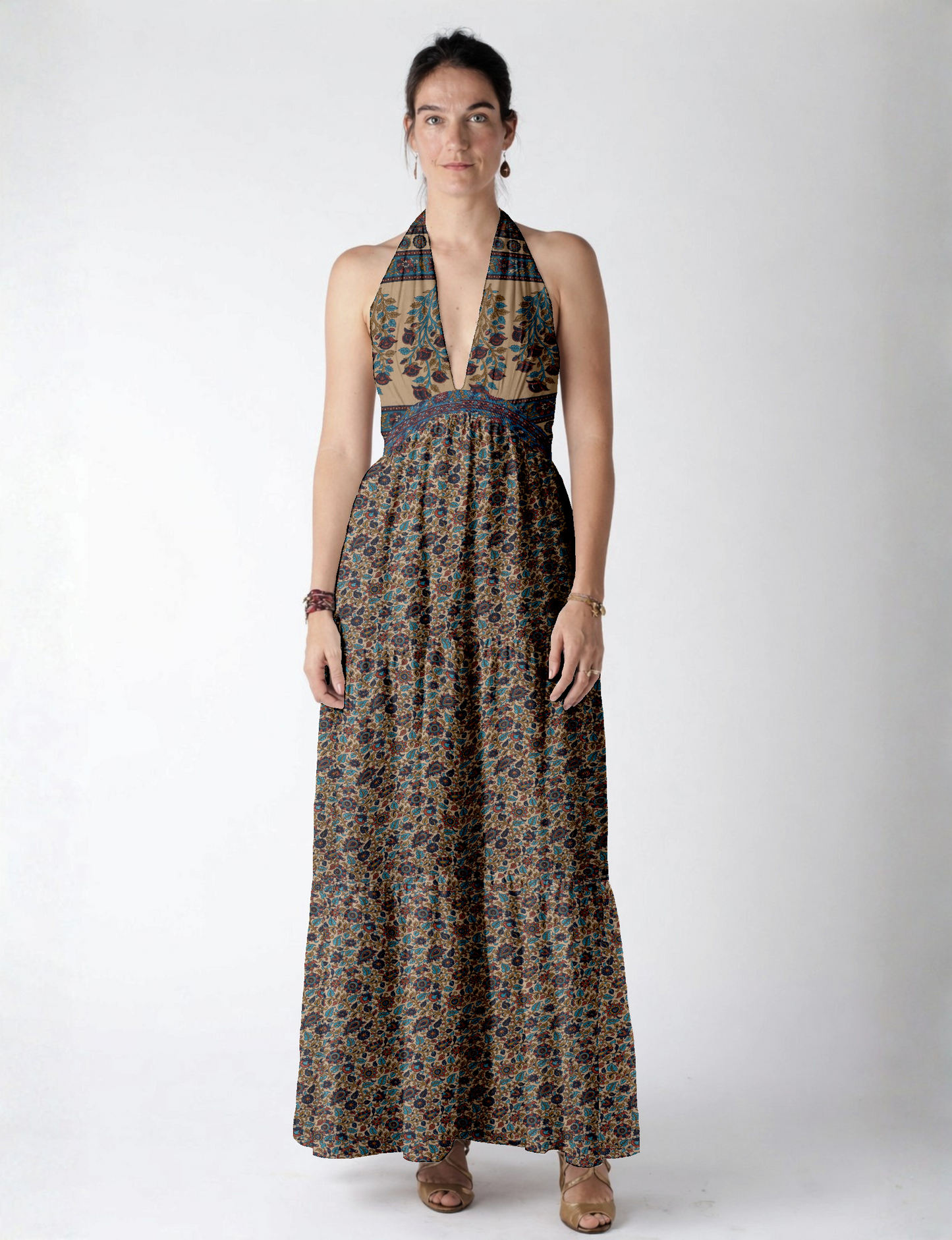 Maxi tiered dress by I was a Sari with halter neckline and flowy silhouette
