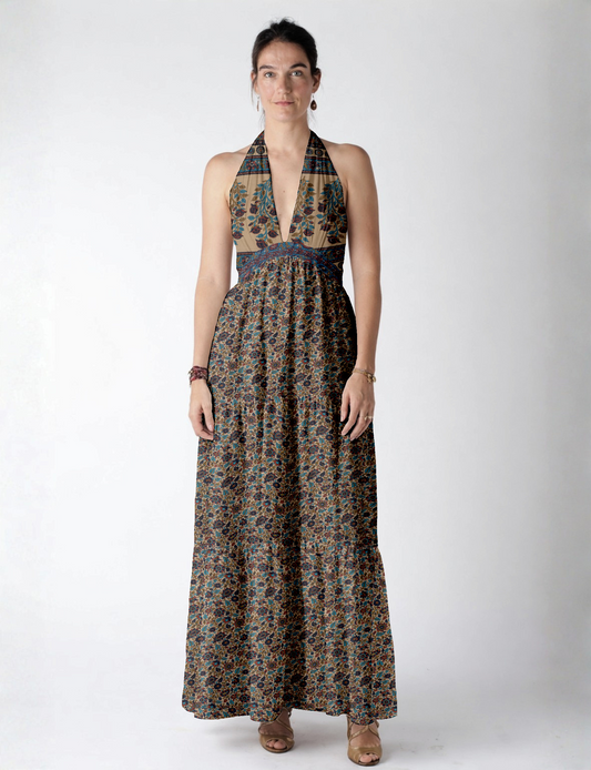 Maxi tiered dress by I was a Sari with halter neckline and flowy silhouette
