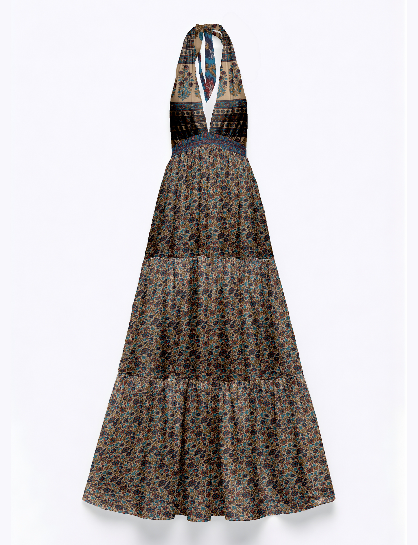 Halter neck maxi dress with tiered layers and elasticated back