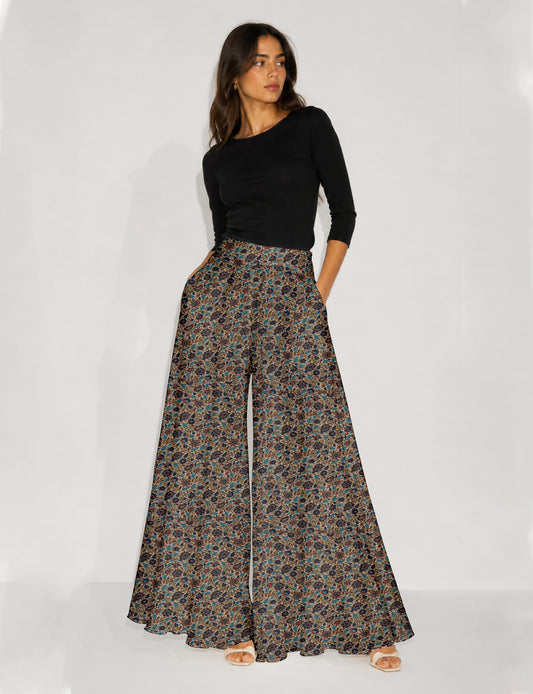 Wide Leg Palazzo Trousers - Beige Tropical