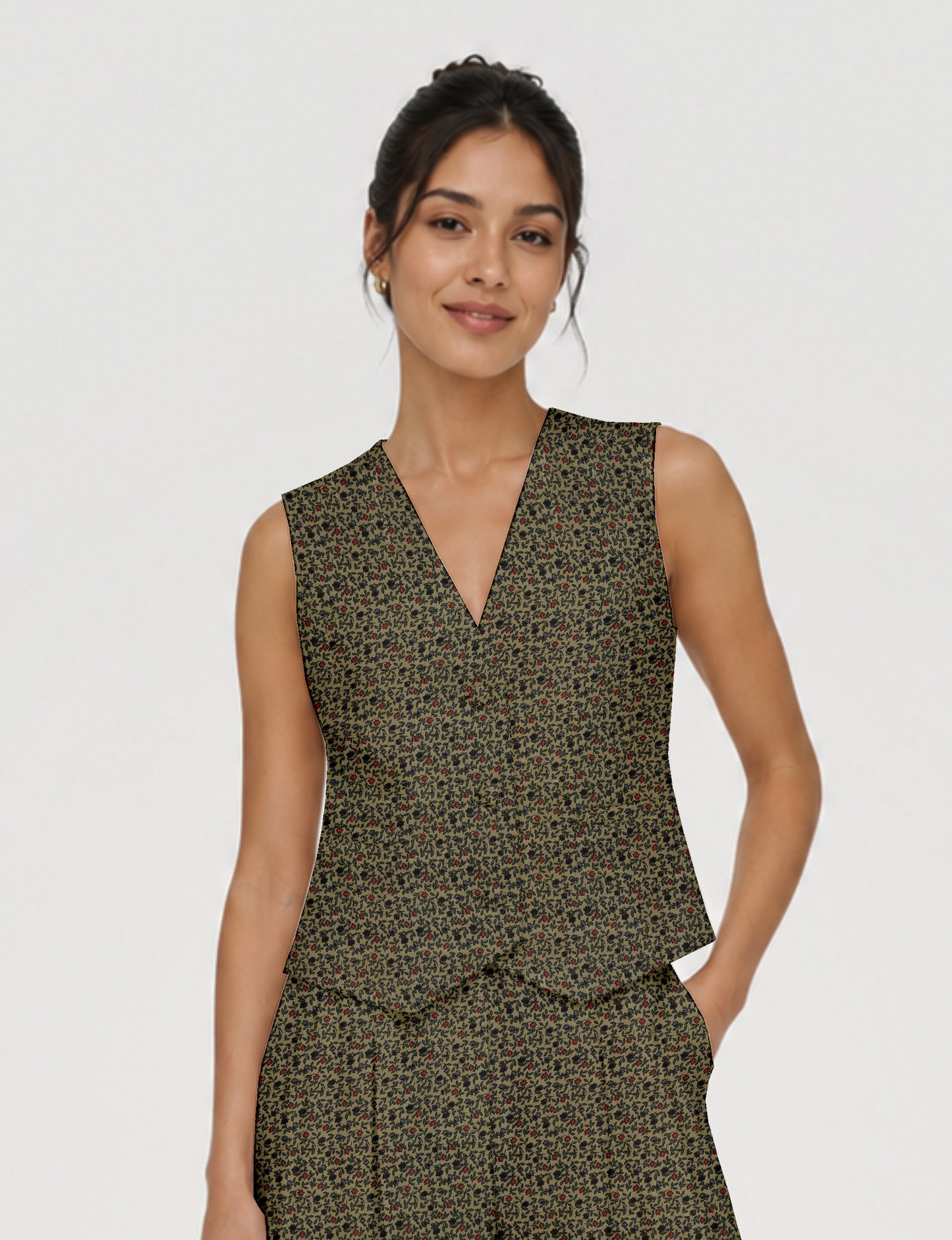 Women's fitted waistcoat with V-neck, single-breasted button closure, tailored silhouette, and pointed hem in sustainable fashion.