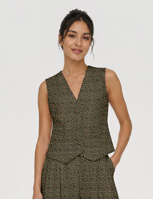 Women's fitted waistcoat with V-neck, single-breasted button closure, tailored silhouette, and pointed hem in sustainable fashion.