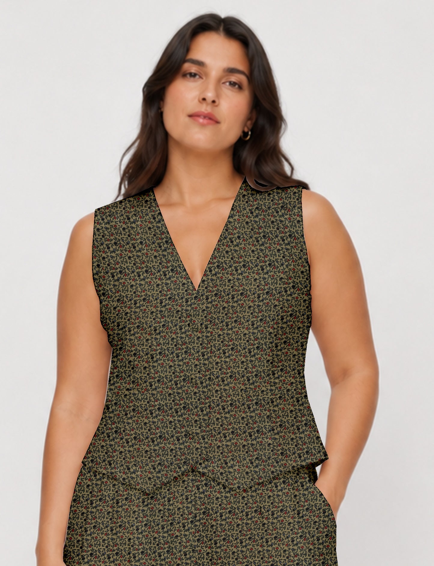 Women's fitted waistcoat with V-neck, single-breasted button closure, tailored silhouette, and pointed hem in sustainable fashion.