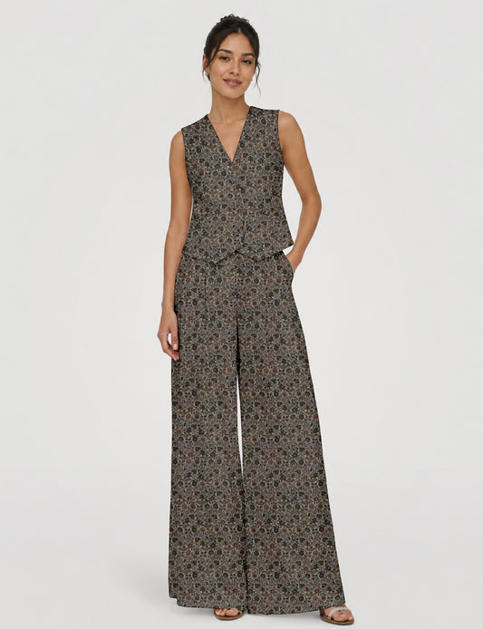 Women's tailored waistcoat set with a sleeveless V-neck button-front waistcoat and high-rise wide leg trousers in a coordinated matching outfit.