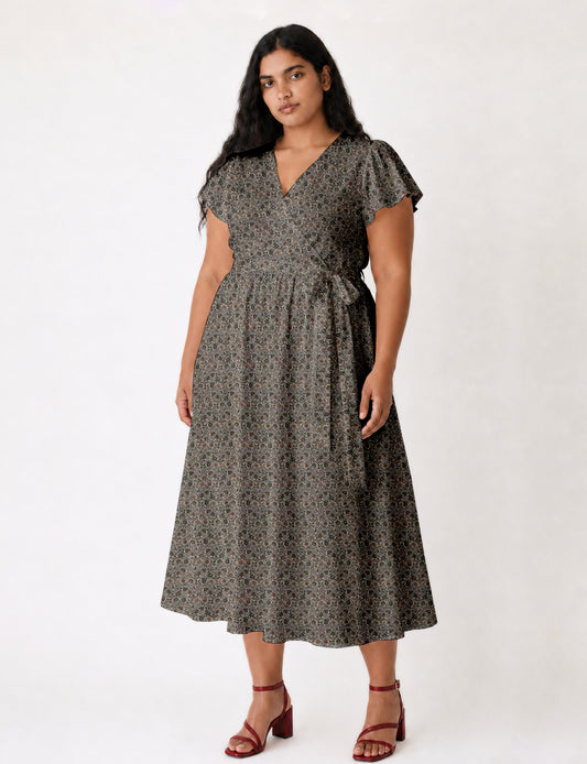 Elegant midi wrap dress with a V-neckline, adjustable waist tie, fitted bodice, and flared skirt for a timeless, flattering silhouette.