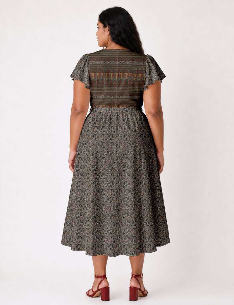 Elegant midi wrap dress with a V-neckline, adjustable waist tie, fitted bodice, and flared skirt for a timeless, flattering silhouette.