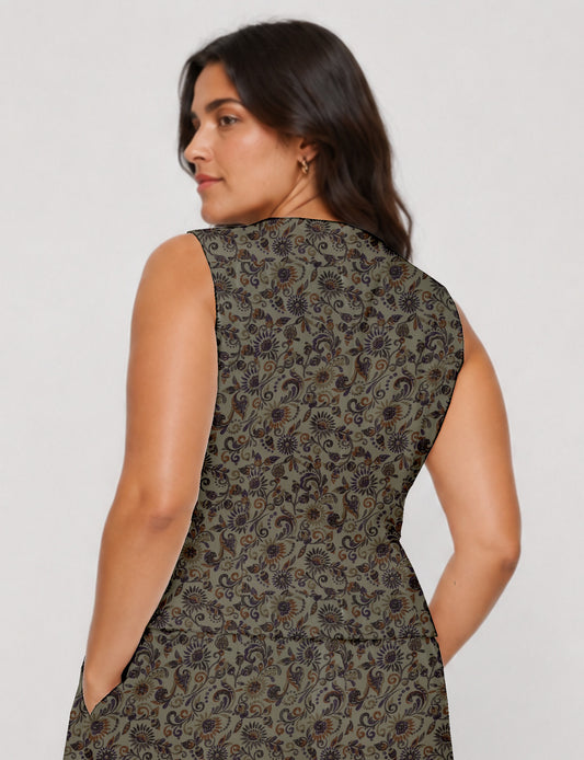 Women's fitted waistcoat with V-neck, single-breasted button closure, tailored silhouette, and pointed hem in sustainable fashion.