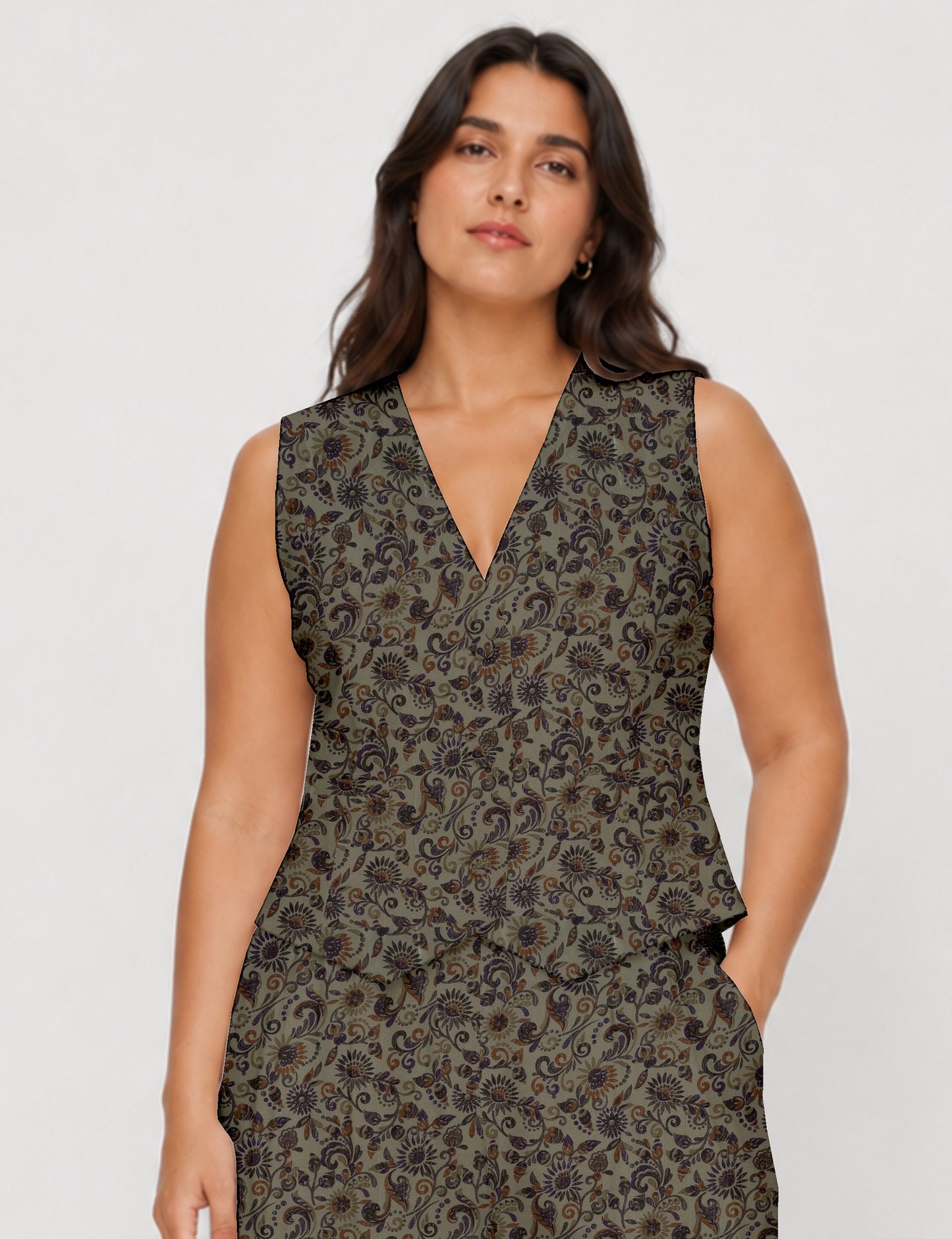 Women's fitted waistcoat with V-neck, single-breasted button closure, tailored silhouette, and pointed hem in sustainable fashion.