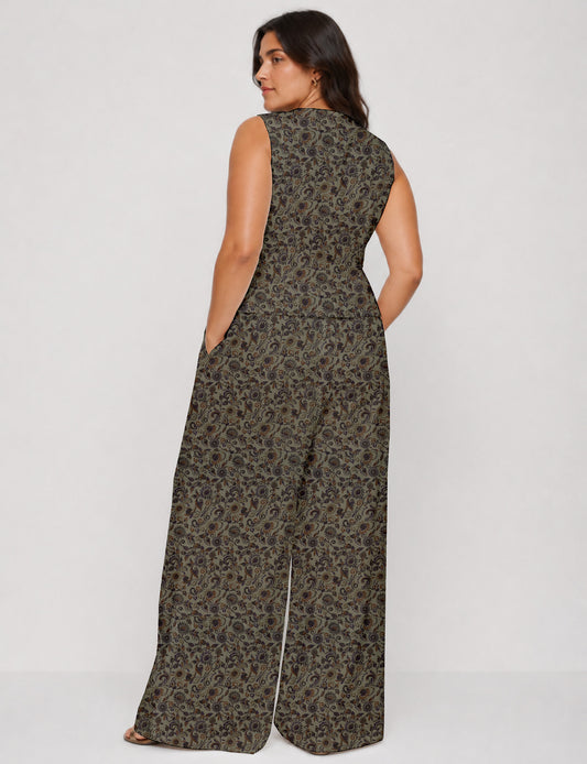 Women's tailored waistcoat set with a sleeveless V-neck button-front waistcoat and high-rise wide leg trousers in a coordinated matching outfit.