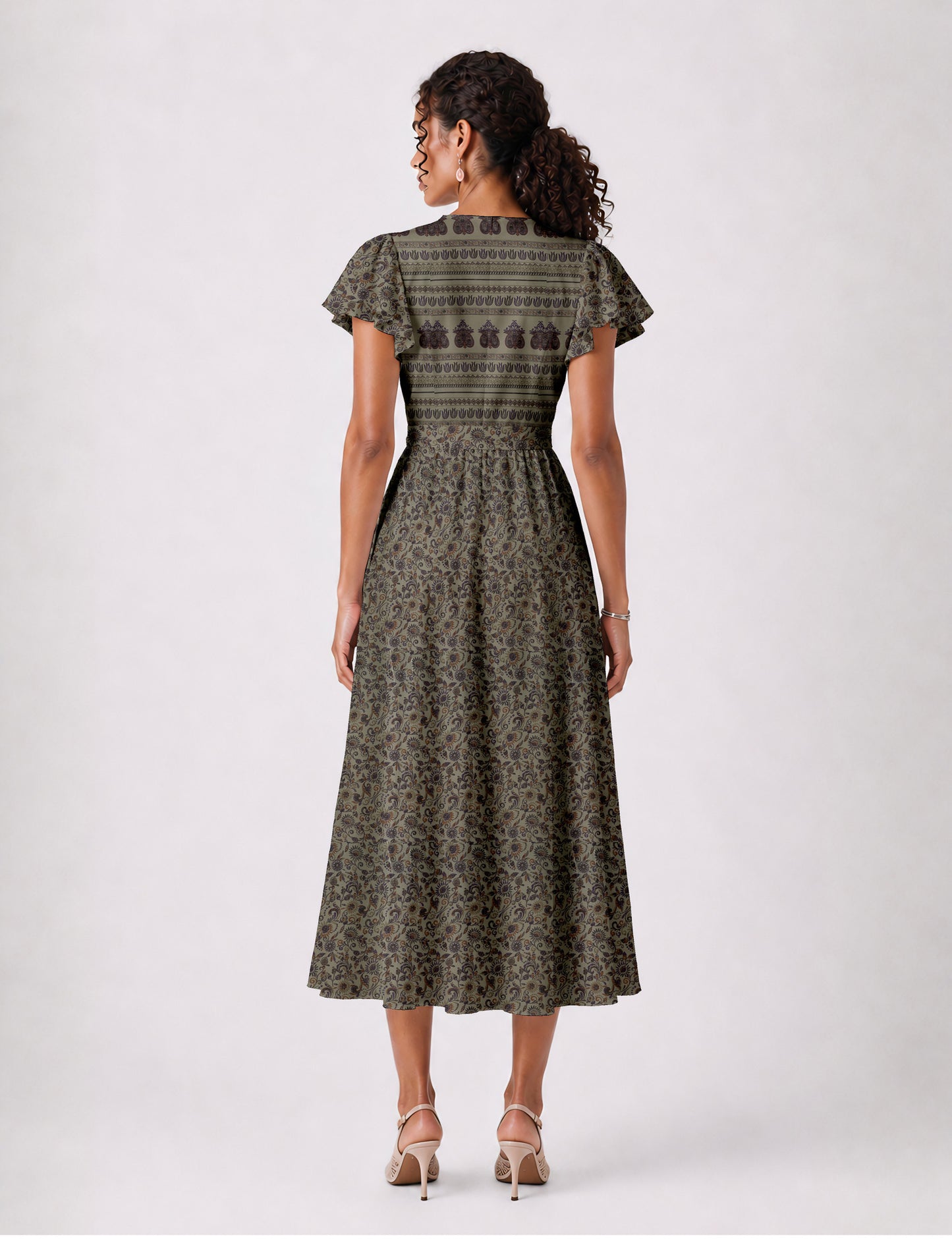 Elegant midi wrap dress with a V-neckline, adjustable waist tie, fitted bodice, and flared skirt for a timeless, flattering silhouette.