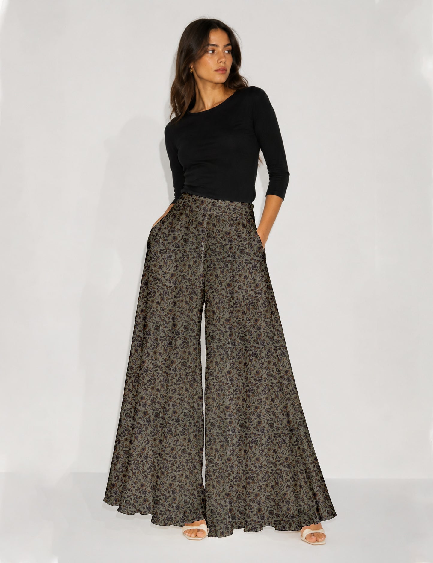 Wide Leg Palazzo Trousers - Beige Tropical