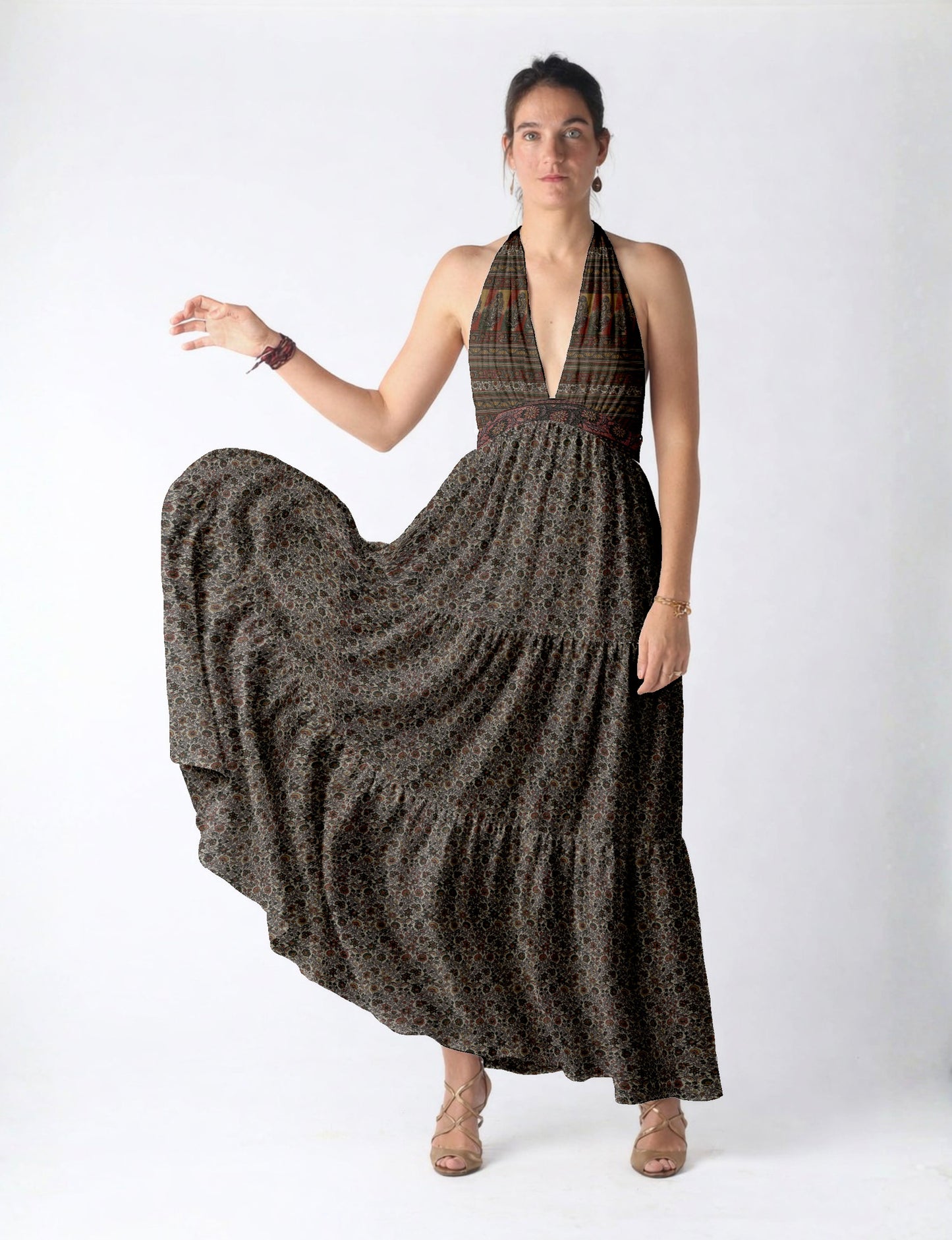 Maxi tiered dress by I was a Sari with halter neckline and flowy silhouette