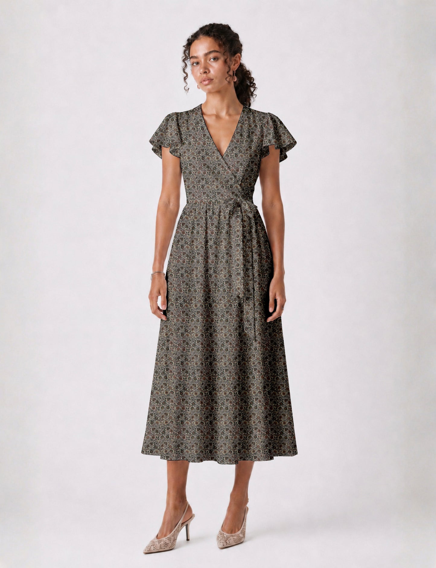 Elegant midi wrap dress with a V-neckline, adjustable waist tie, fitted bodice, and flared skirt for a timeless, flattering silhouette.