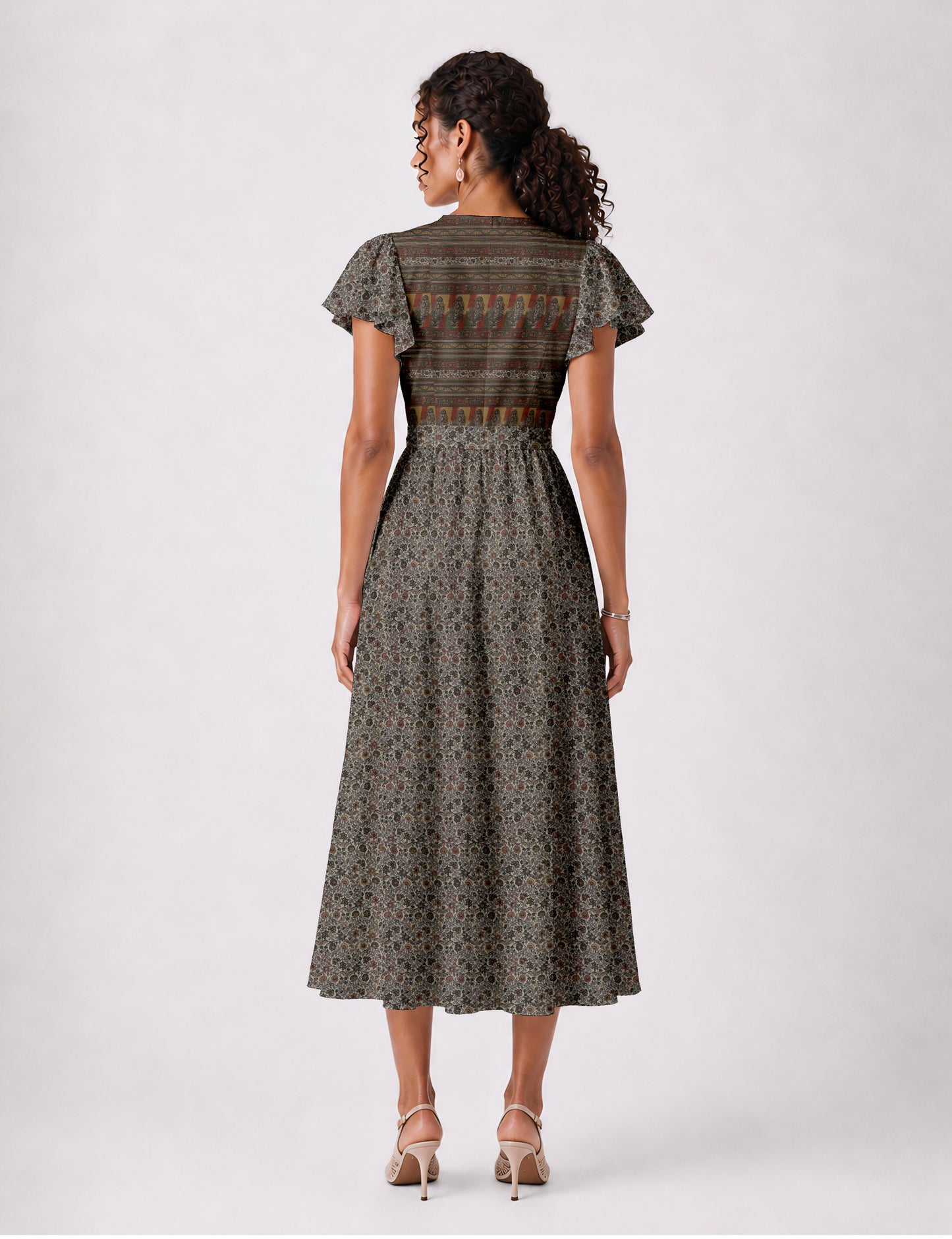 Elegant midi wrap dress with a V-neckline, adjustable waist tie, fitted bodice, and flared skirt for a timeless, flattering silhouette.