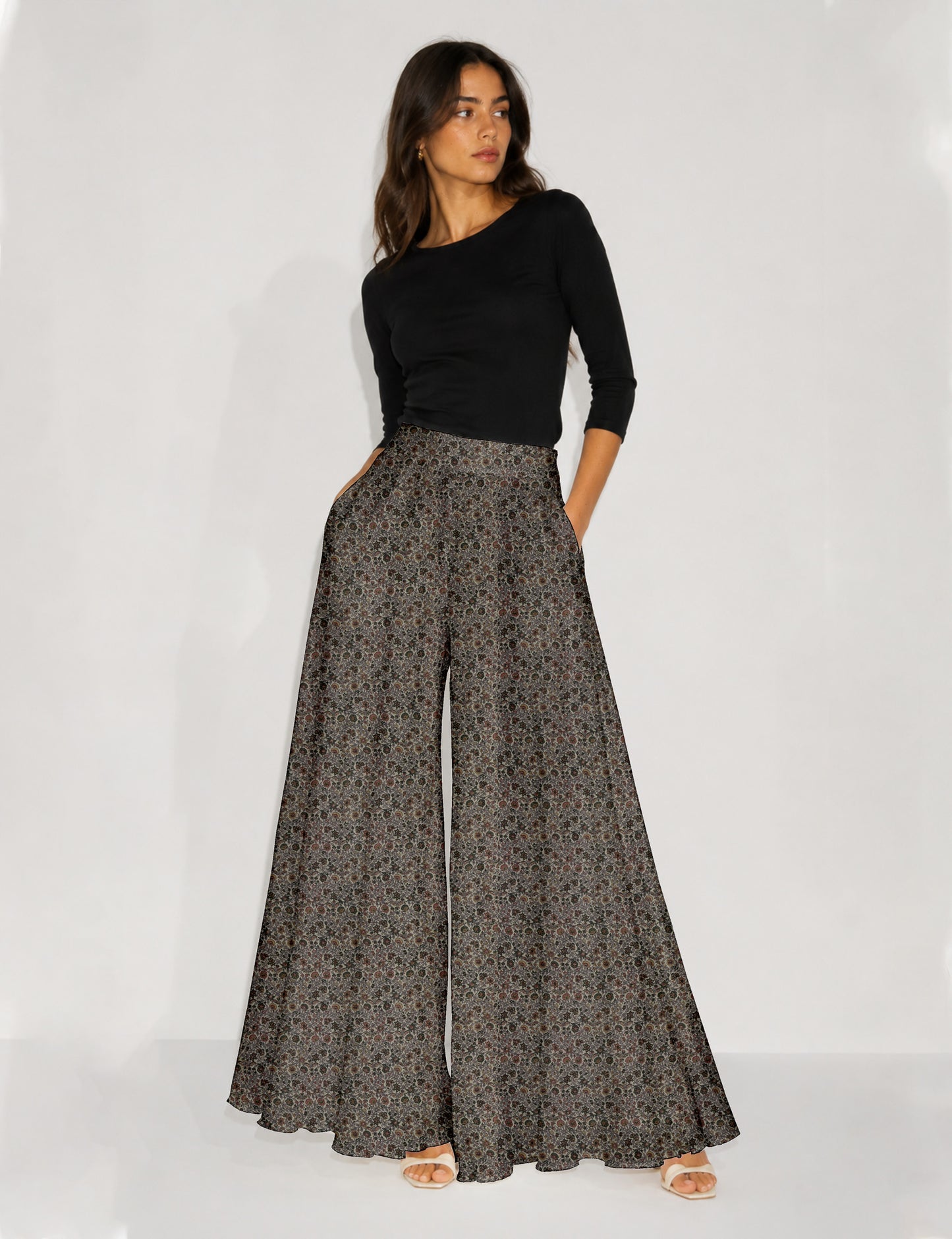 Wide Leg Palazzo Trousers - Beige Tropical