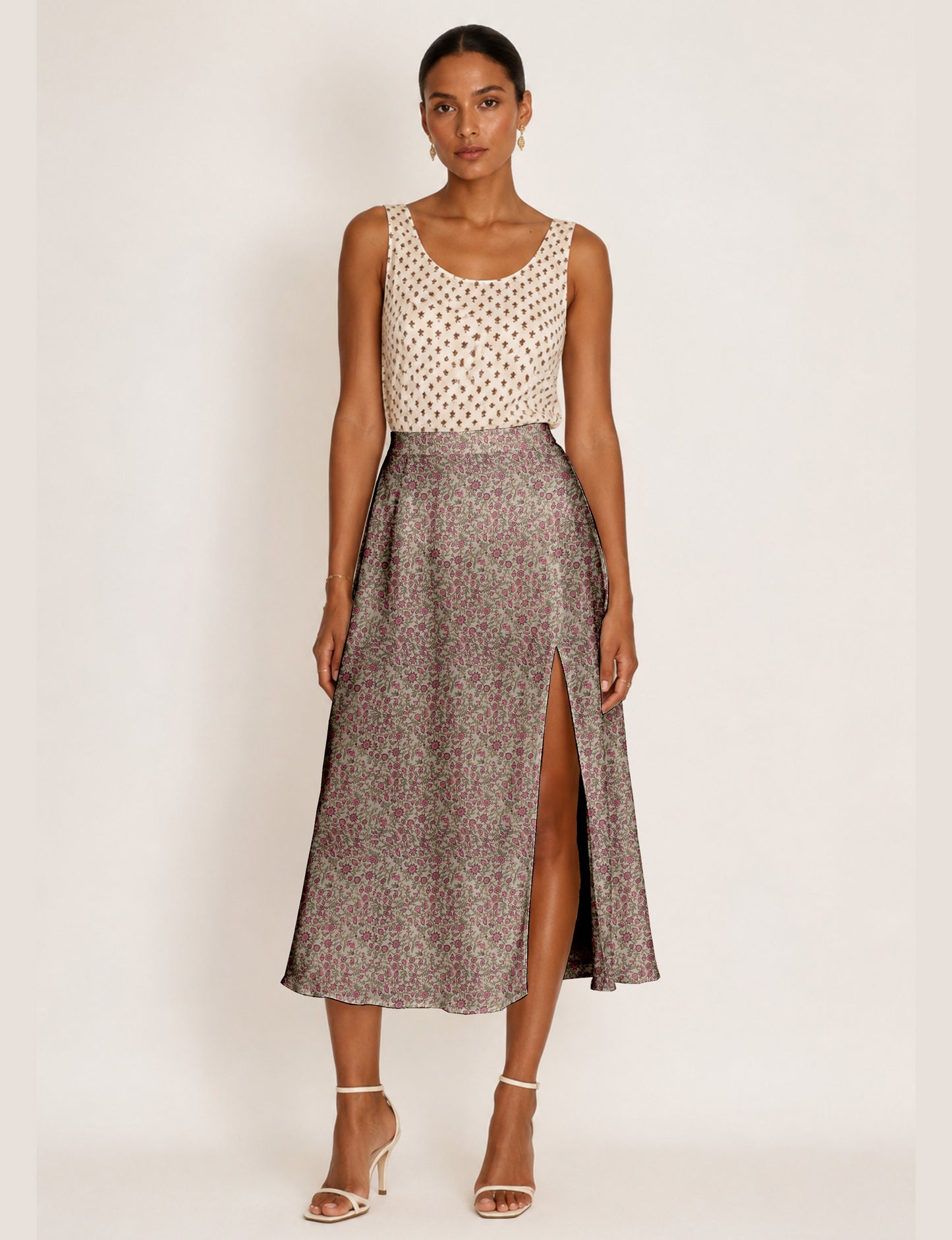 A line skirt with slit - Beige Tropical