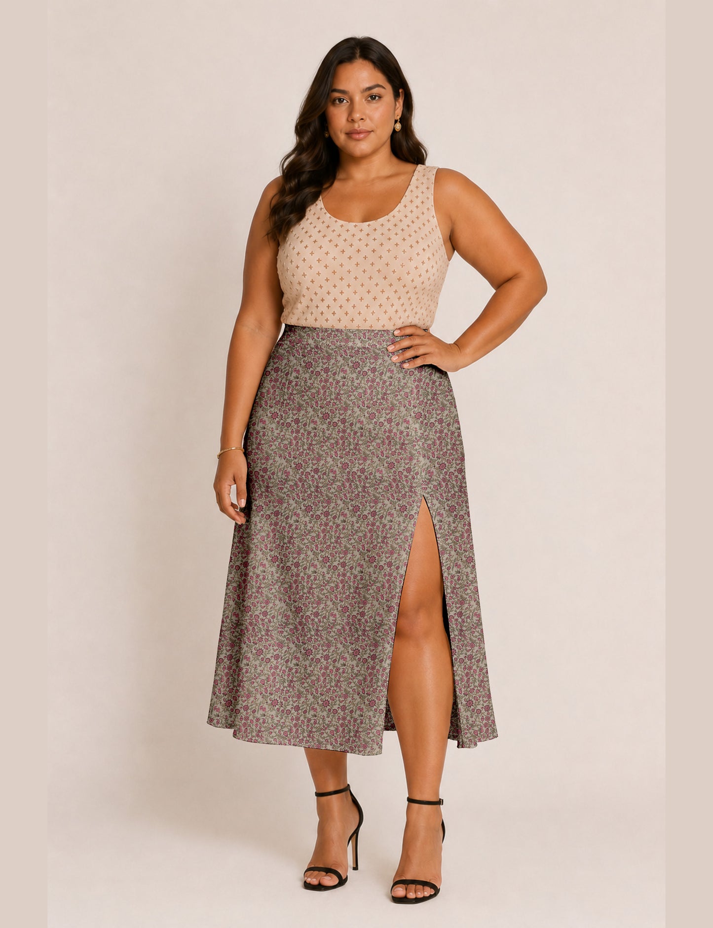 A line skirt with slit - Beige Tropical