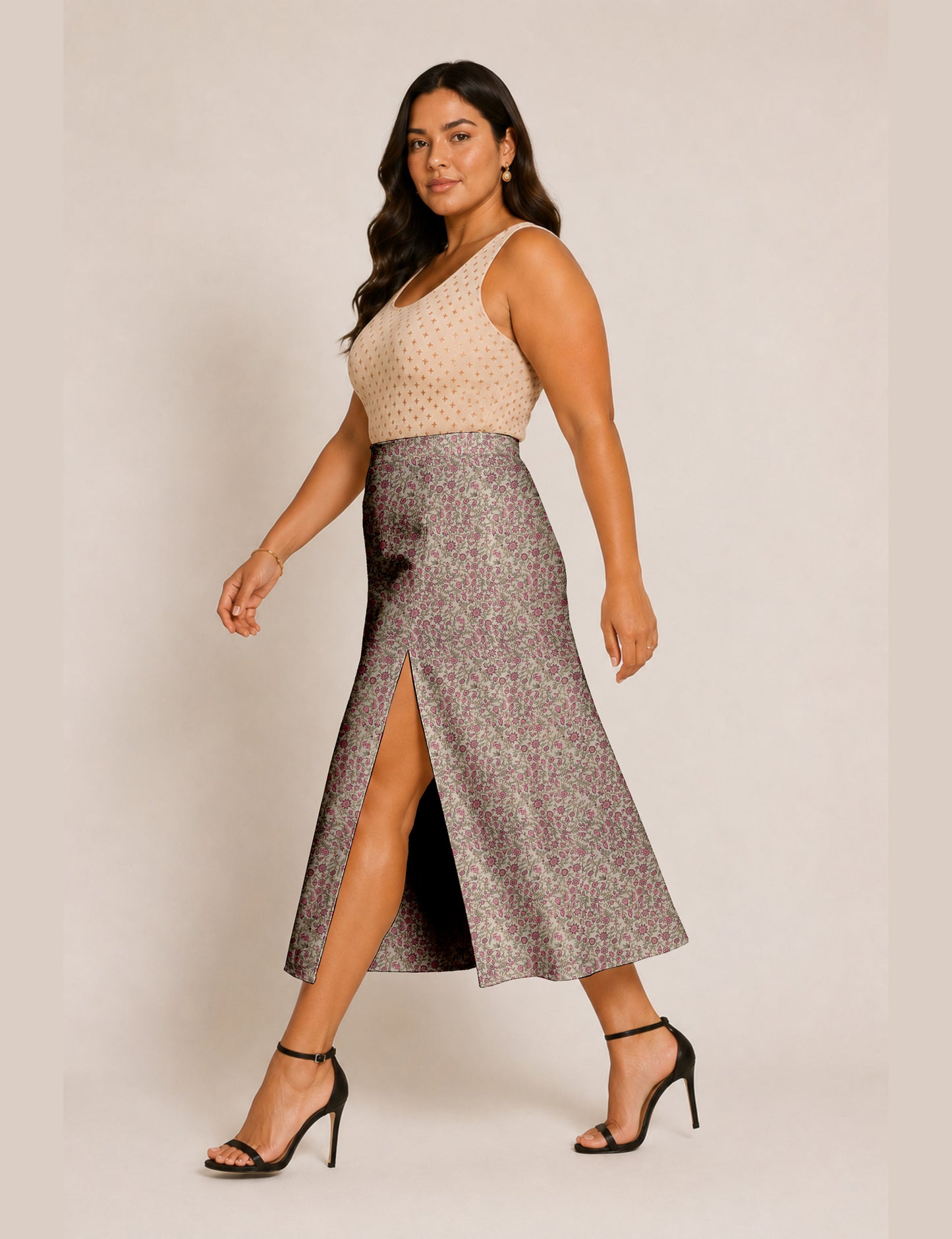 A line skirt with slit - Beige Tropical