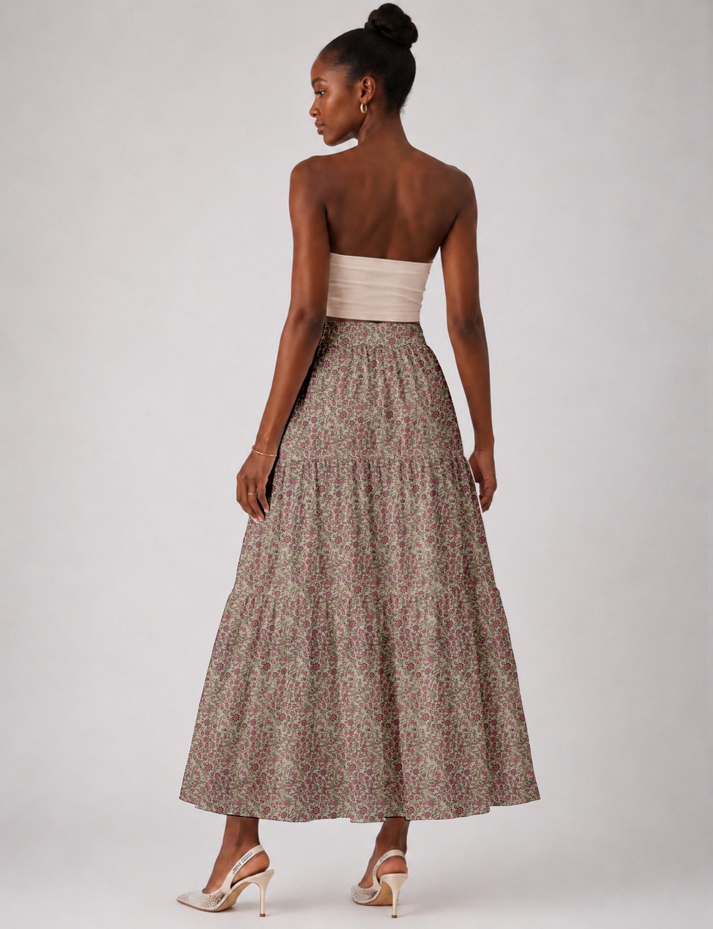 Midi Tiered Skirt - Beige Tropical