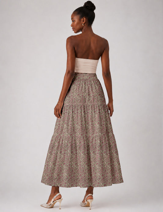 Midi Tiered Skirt - Beige Tropical