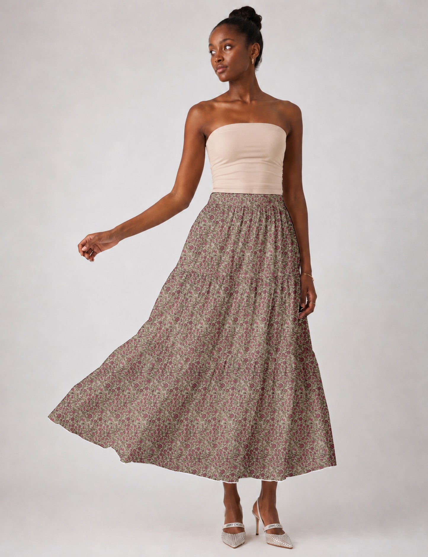 Midi Tiered Skirt - Beige Tropical
