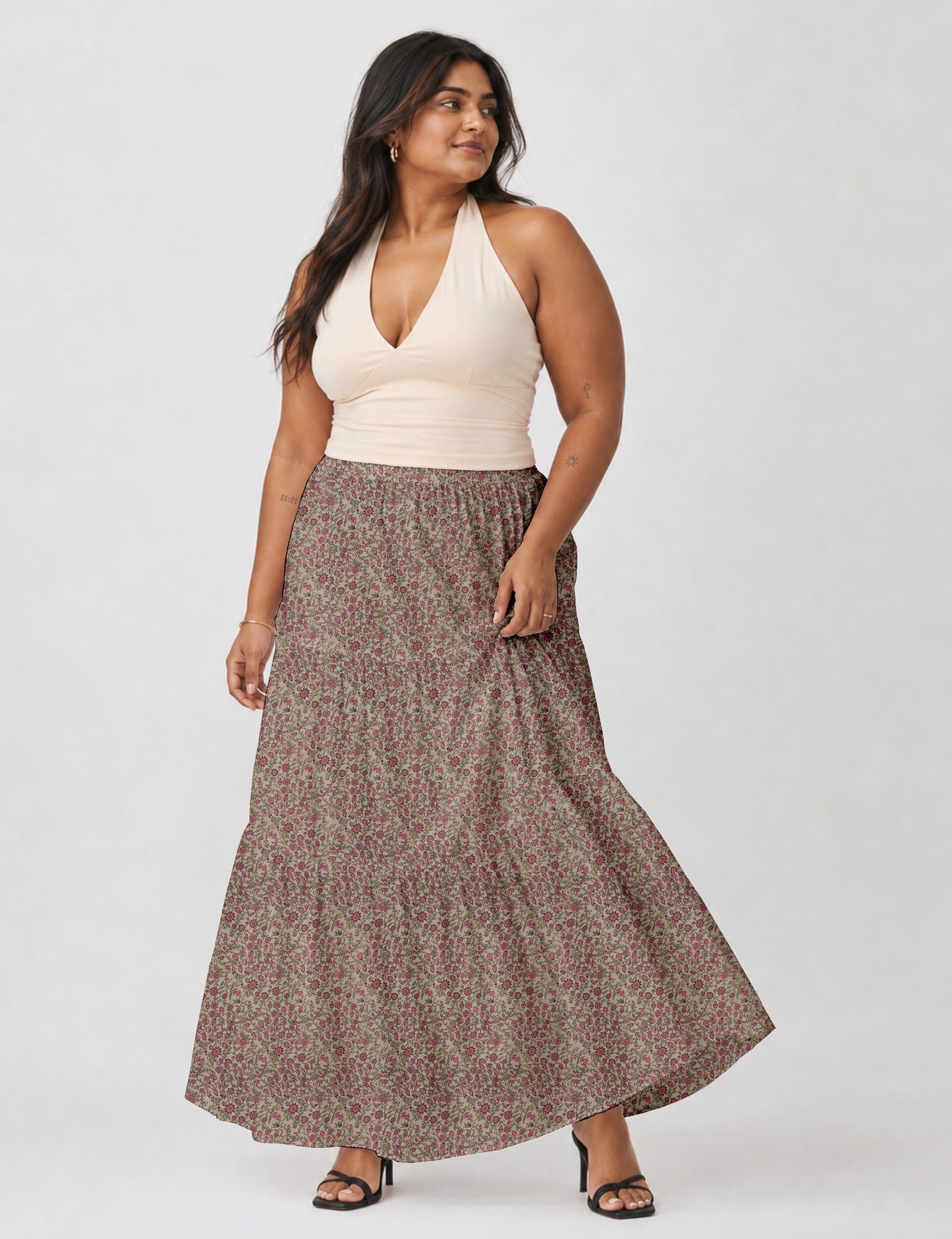 Midi Tiered Skirt - Beige Tropical