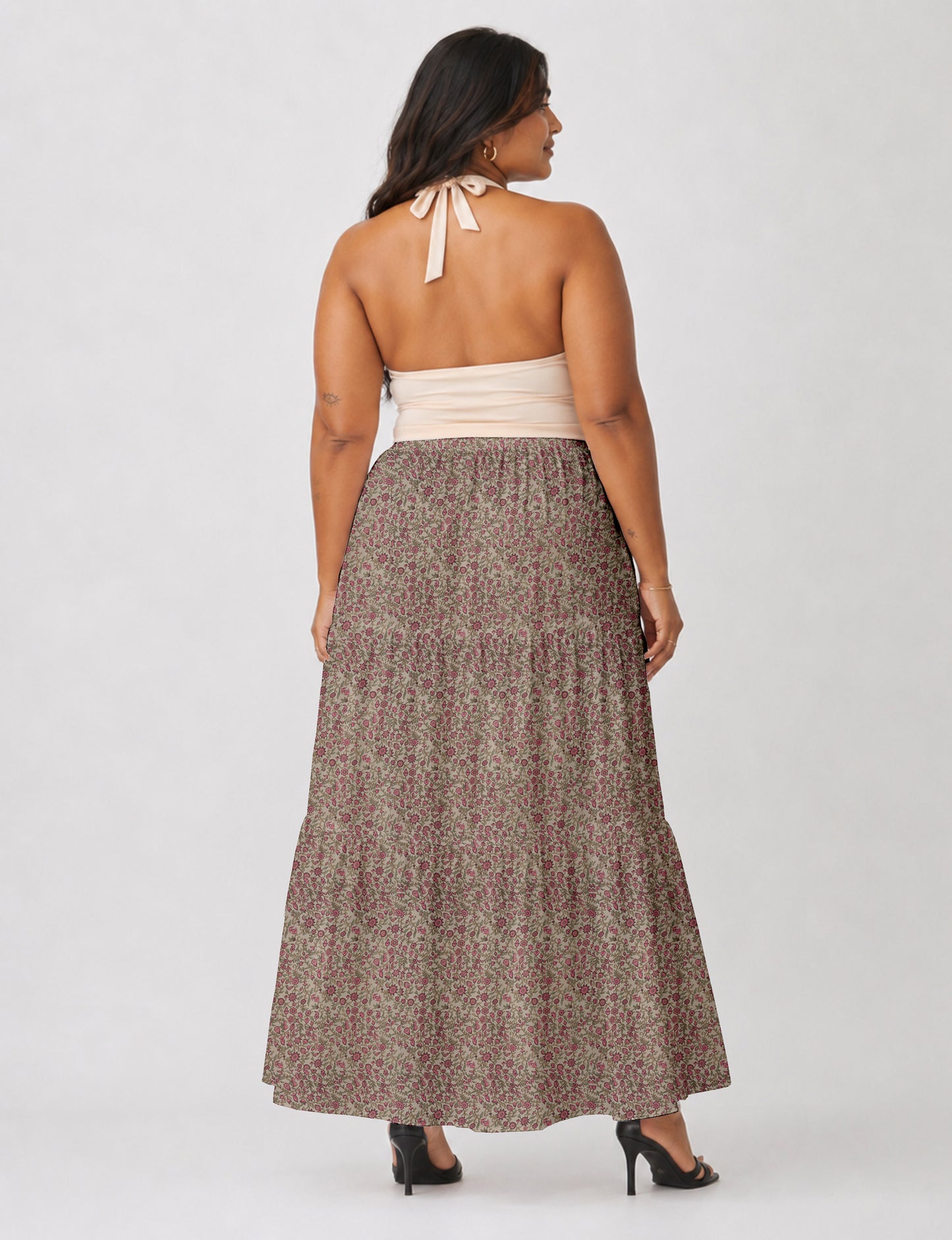 Midi Tiered Skirt - Beige Tropical