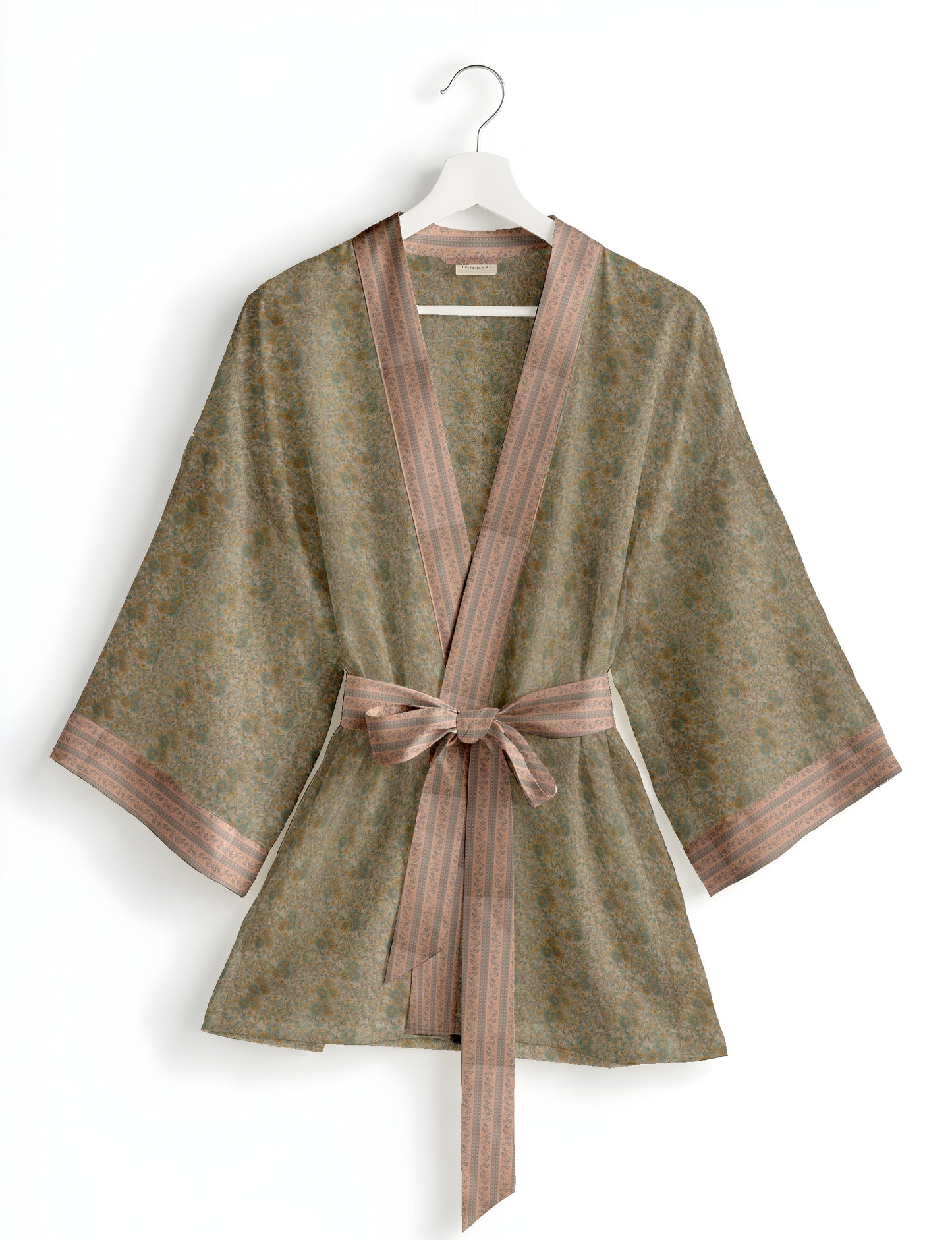 Short kimono robe with wrap front, V-neckline, wide sleeves, waist tie, and concealed skort detail.