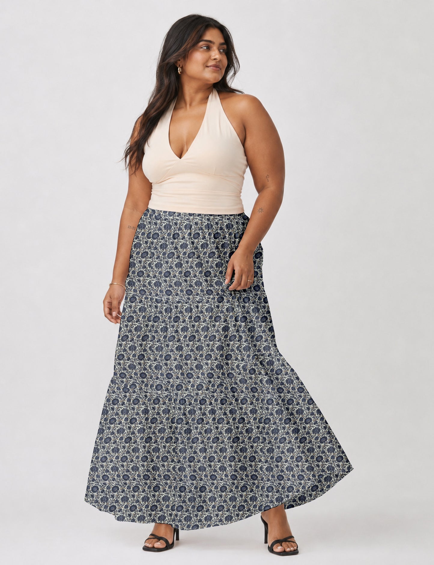 Midi Tiered Skirt - Beige Tropical
