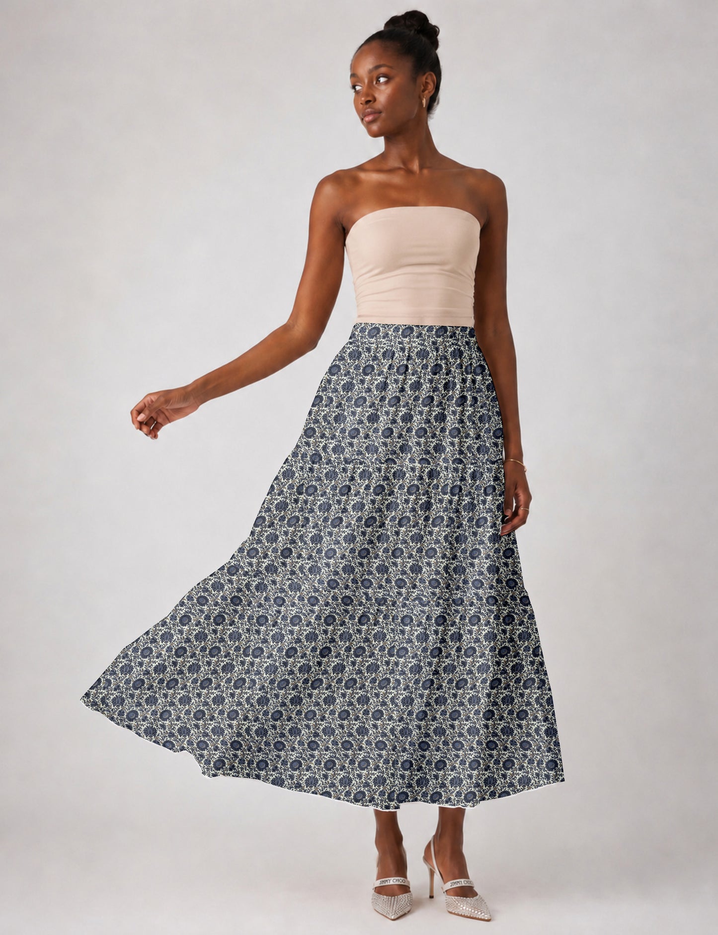 Midi Tiered Skirt - Beige Tropical