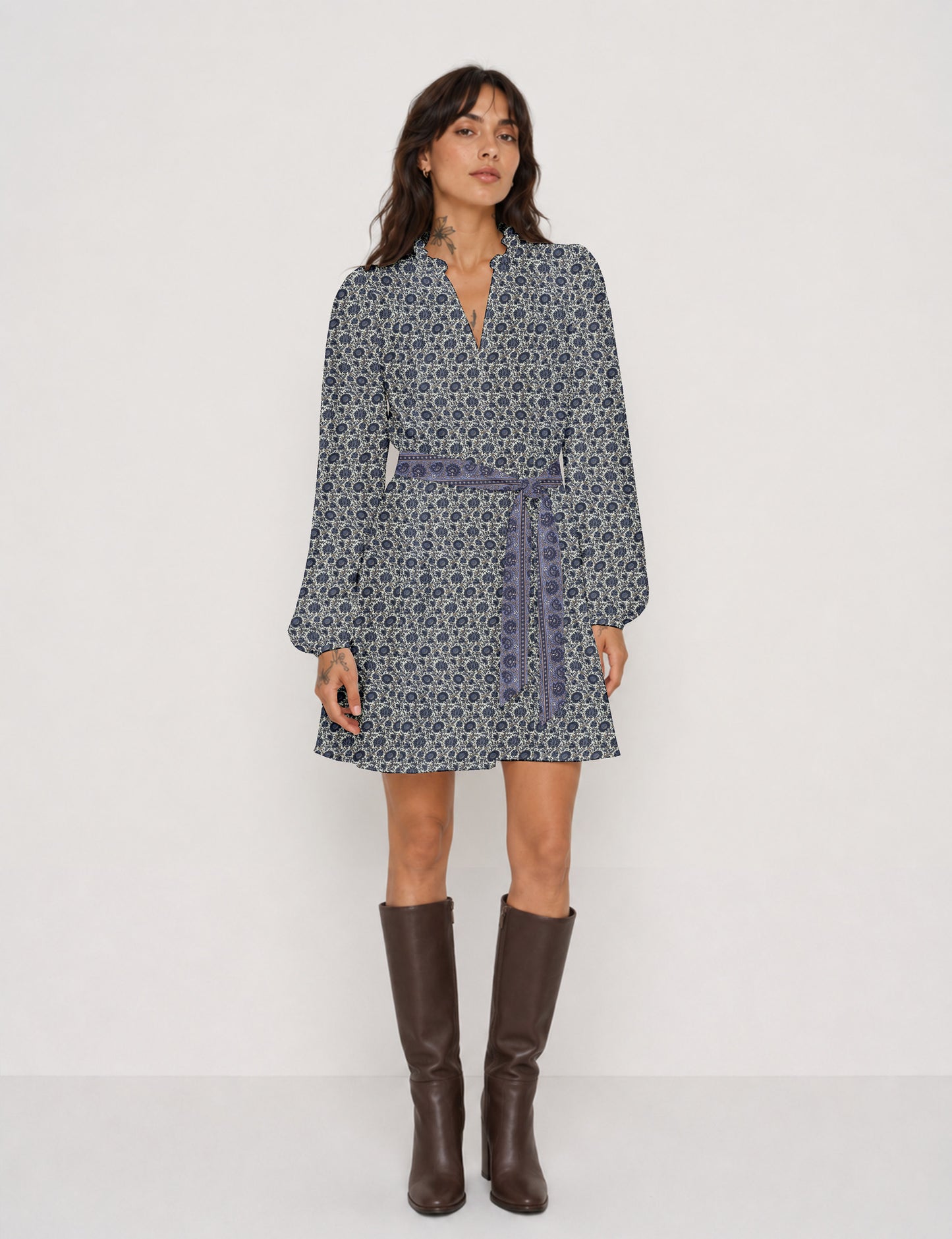 Swing dress with belt - Beige Tropical