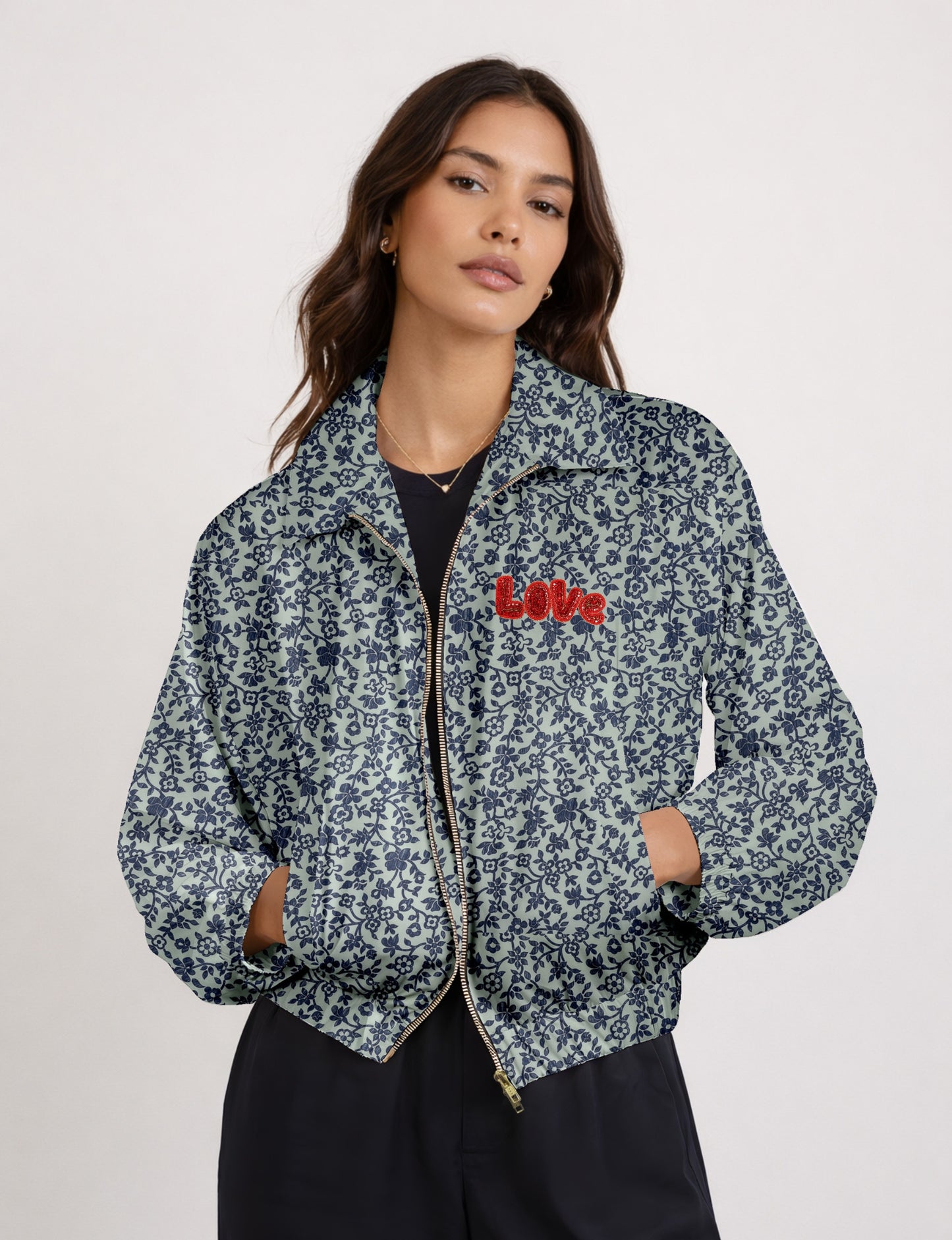 Love Bomber Jacket made from recycled fabric, featuring hand-stitched Aari embroidery. A unique piece of zero-waste clothing, part of the circular fashion movement. Designed with upcycled materials for a stylish yet environmentally friendly clothing choice.