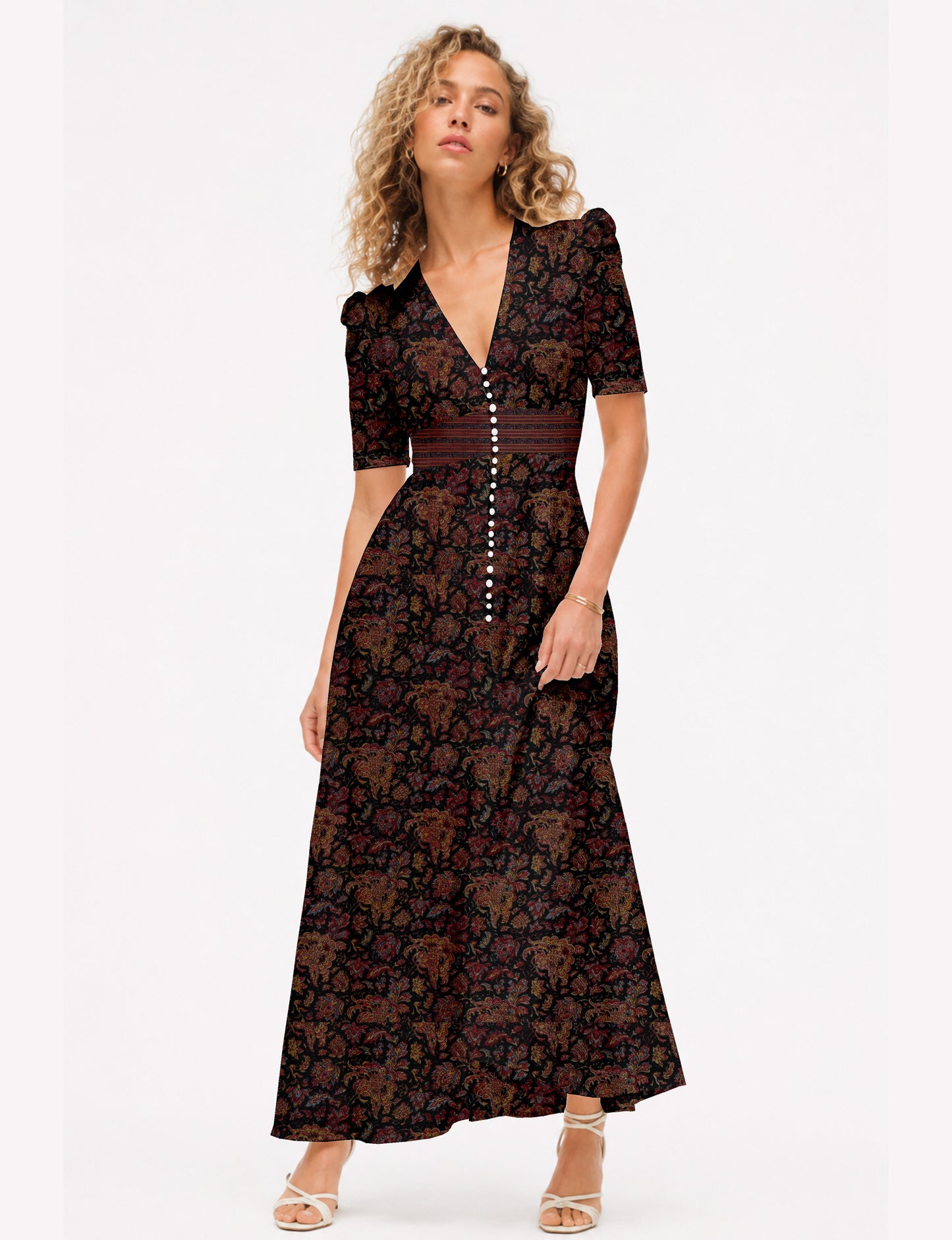 Maxi romantic dress with a fitted bodice, V-neckline, functional button placket, structured waist panel, short sleeves, and a softly flared ankle-length A-line skirt.