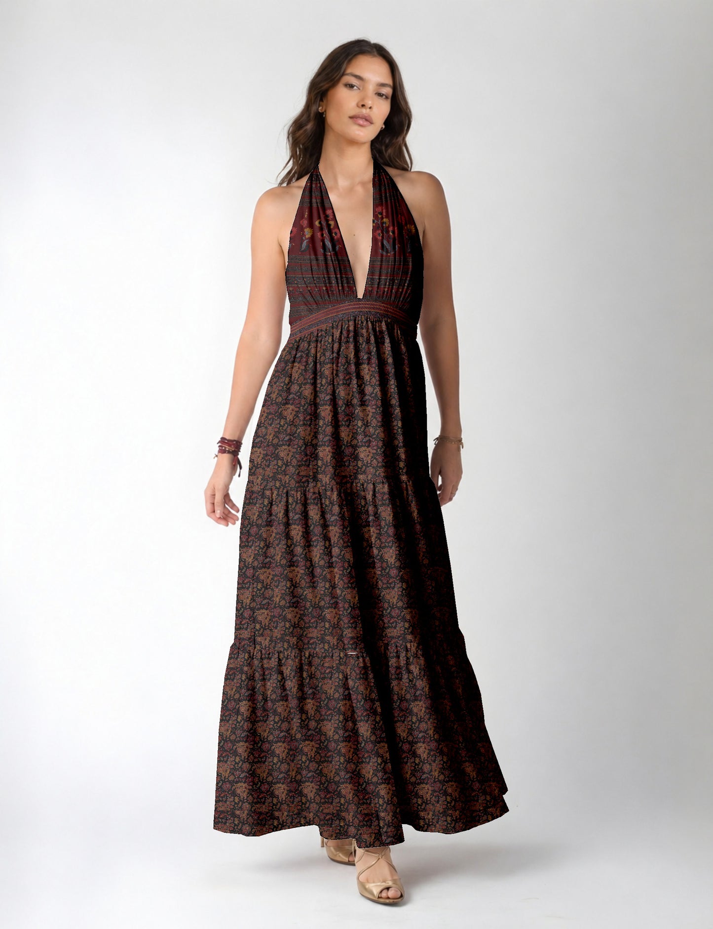 Maxi tiered dress by I was a Sari with halter neckline and flowy silhouette