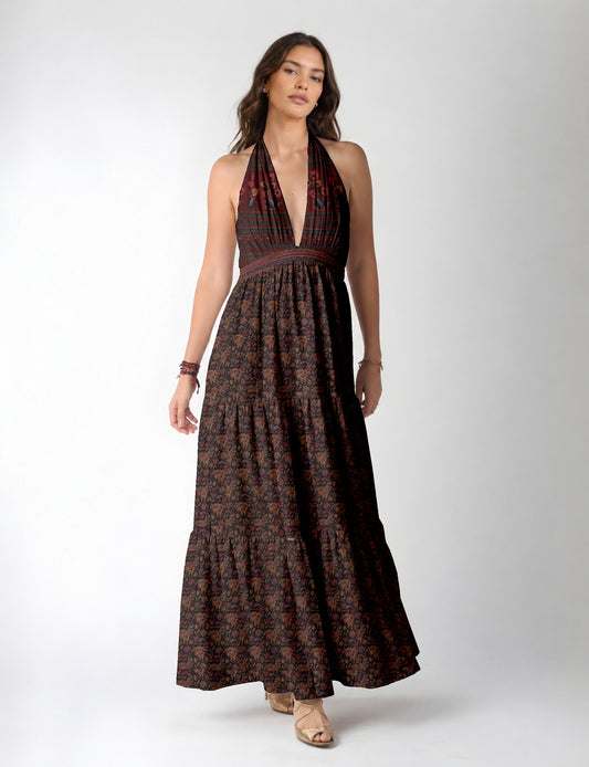 Maxi tiered dress by I was a Sari with halter neckline and flowy silhouette