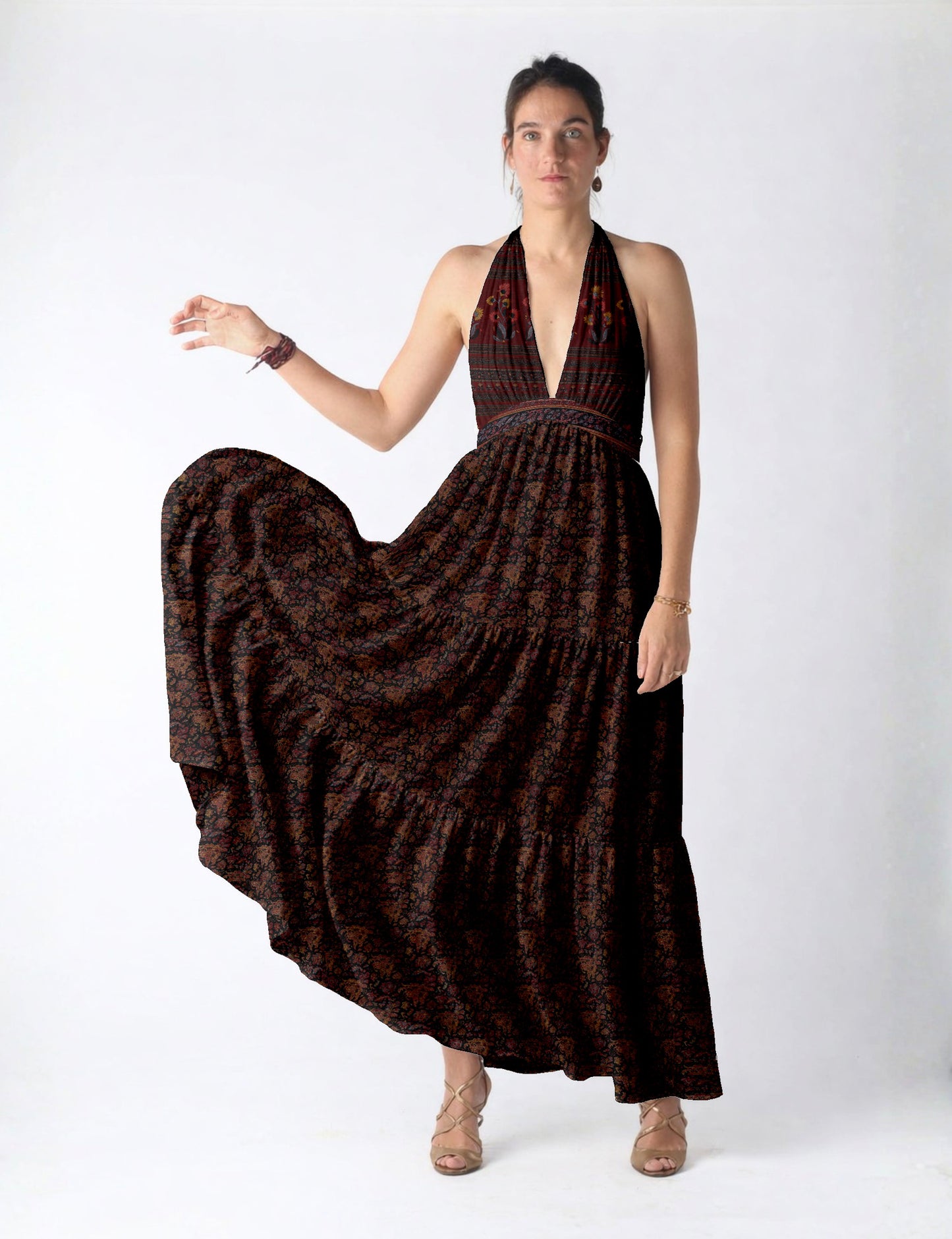 Flowy maxi tiered dress for vacations, brunch, and evening wear