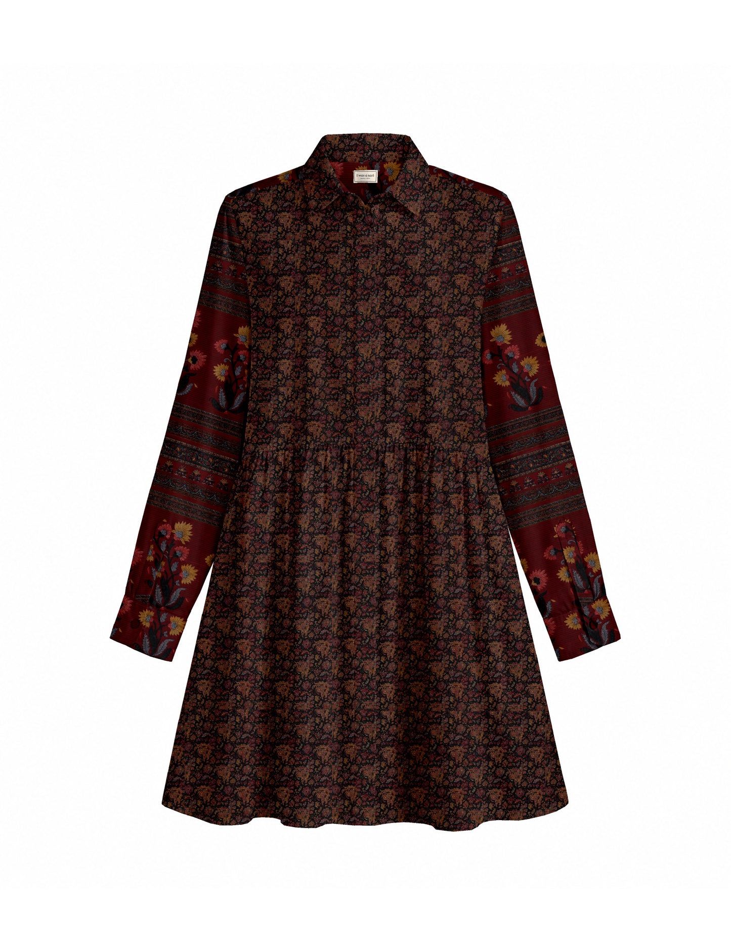 Short shirt dress with a relaxed A-line silhouette, point collar, partial button placket, gathered waist, side pockets, and full-length cuffed sleeves.