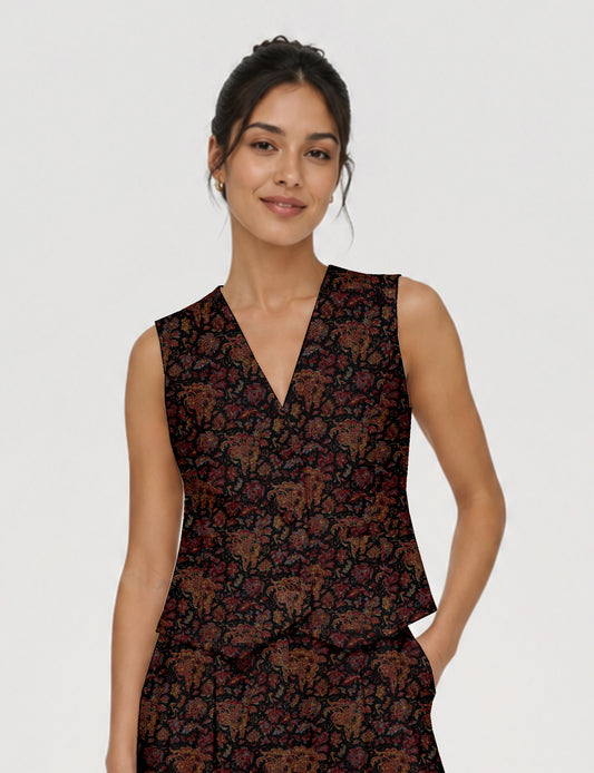 Women's fitted waistcoat with V-neck, single-breasted button closure, tailored silhouette, and pointed hem in sustainable fashion.