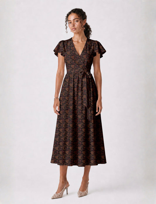 Elegant midi wrap dress with a V-neckline, adjustable waist tie, fitted bodice, and flared skirt for a timeless, flattering silhouette.