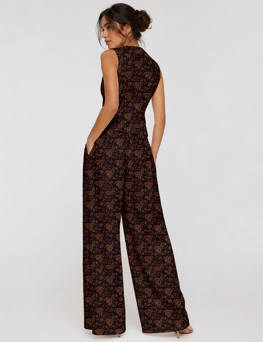 Women's tailored waistcoat set with a sleeveless V-neck button-front waistcoat and high-rise wide leg trousers in a coordinated matching outfit.