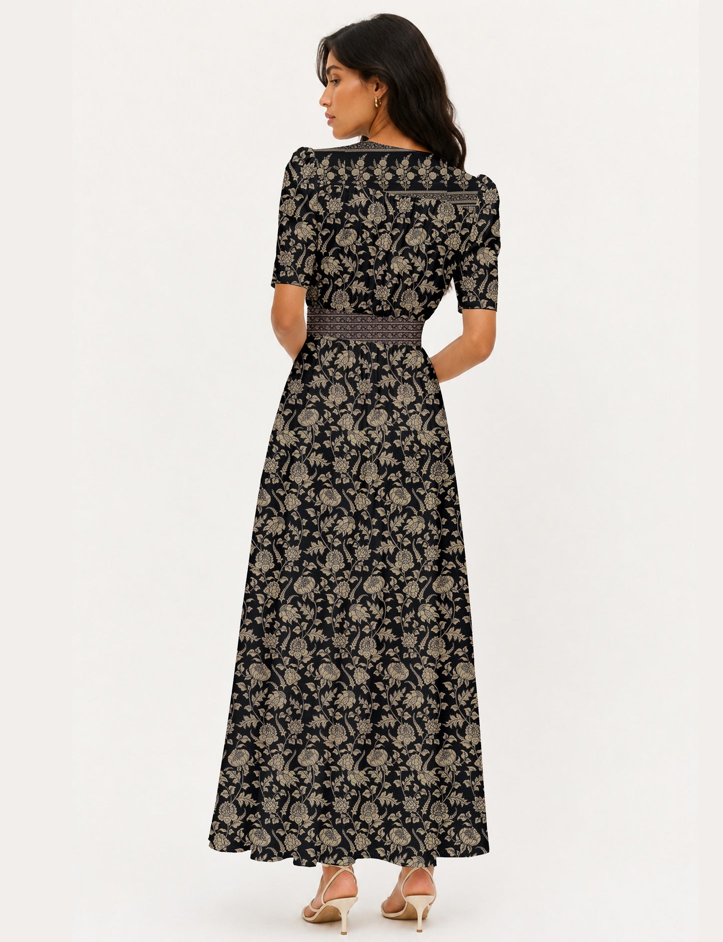 Maxi romantic dress with a fitted bodice, V-neckline, functional button placket, structured waist panel, short sleeves, and a softly flared ankle-length A-line skirt.