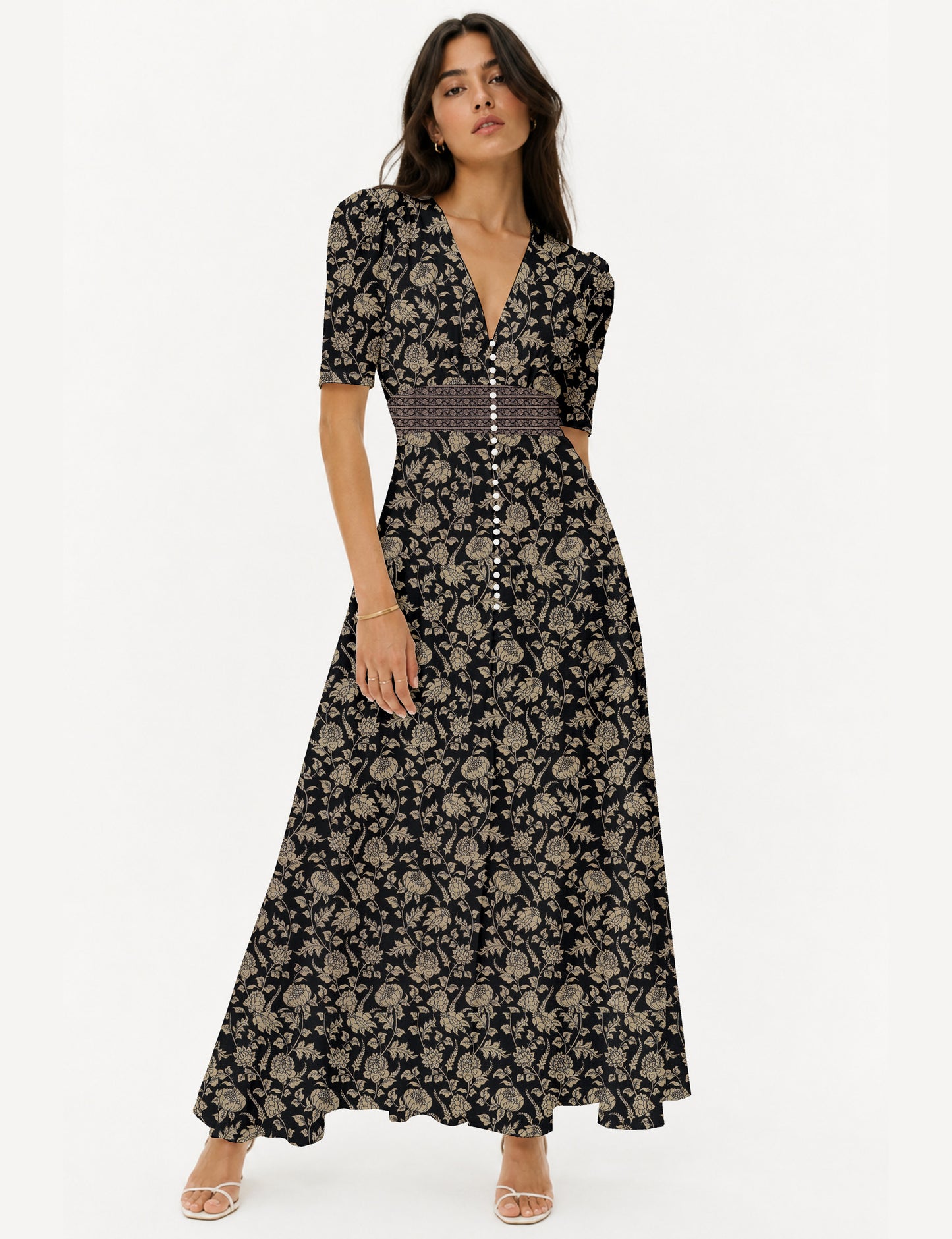 Maxi romantic dress with a fitted bodice, V-neckline, functional button placket, structured waist panel, short sleeves, and a softly flared ankle-length A-line skirt.