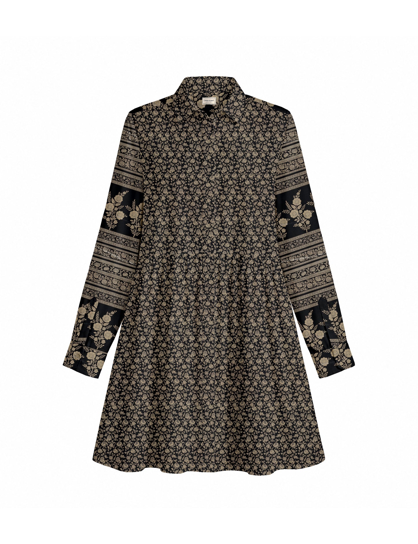 Short shirt dress with a relaxed A-line silhouette, point collar, partial button placket, gathered waist, side pockets, and full-length cuffed sleeves.